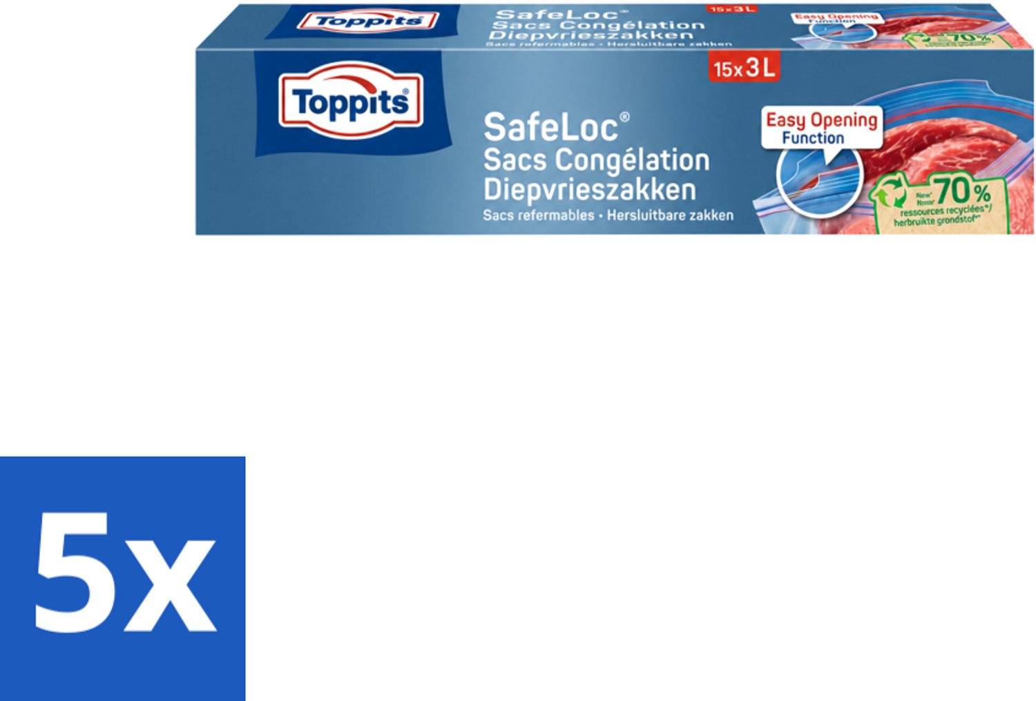 5 x Toppits – Safeloc Zip-Diepvrieszakken – 3 Liter – 15 Zakjes - Voordeelverpakking - 5 stuks
