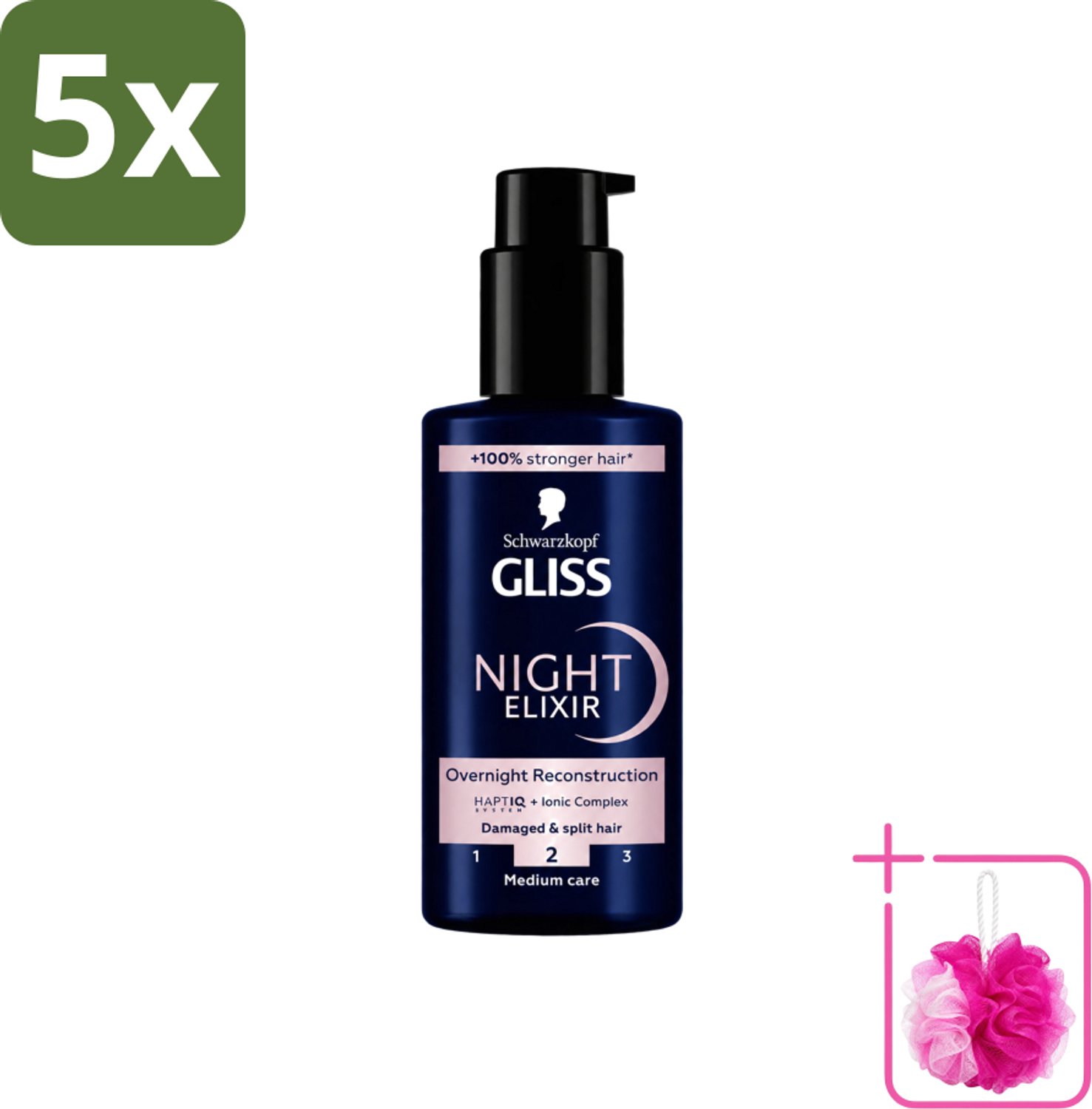 5 x Gliss - Haarserum - Night Elixer Overnight Reconstruction - Tegen Gespleten Haarpunten - 100 ml - Bulkverpakking - Haarschade - Douchemop - Gespleten haarpunten