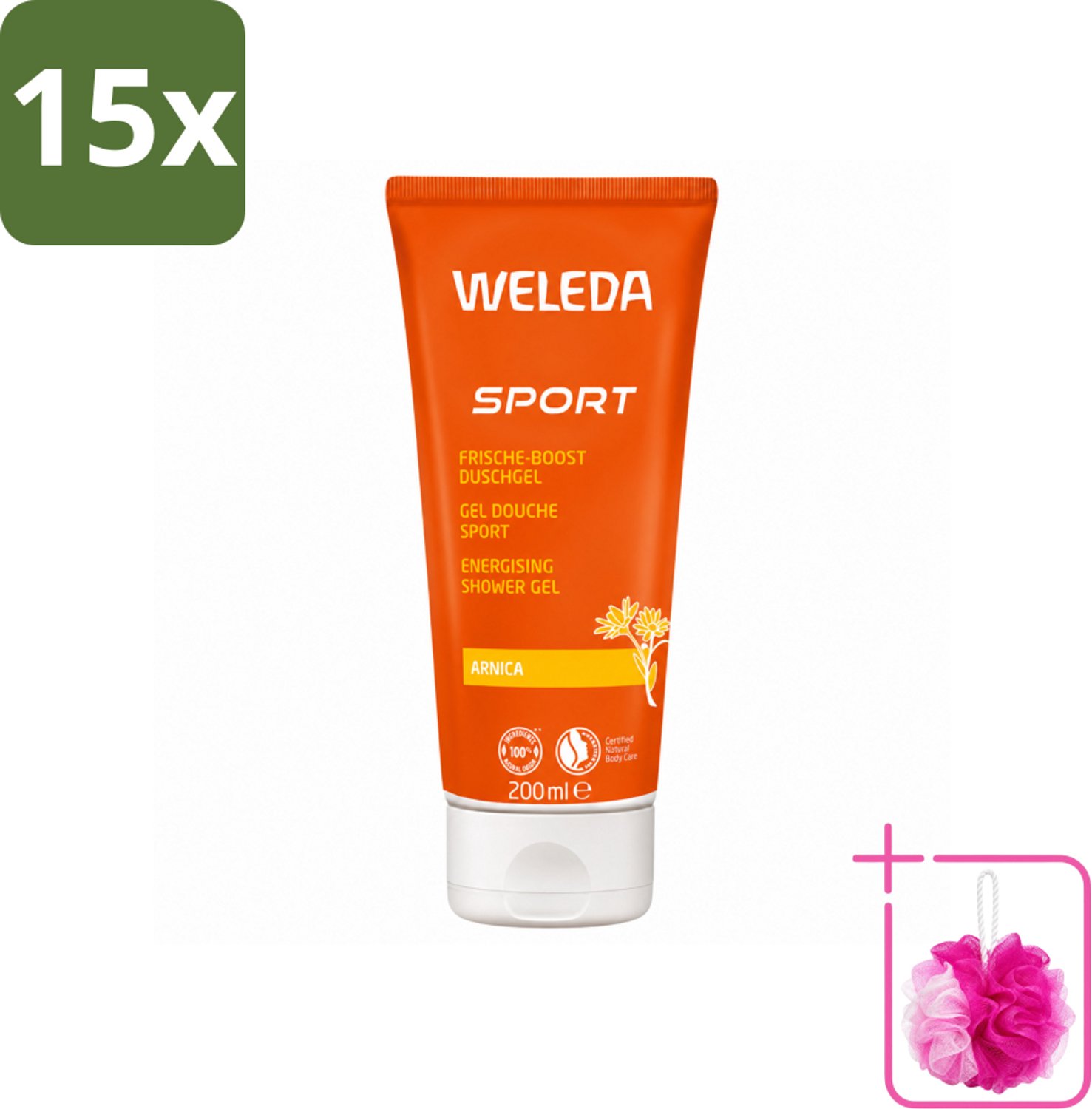 15 x WELEDA - Douchegel Sport - Arnica - 200 ml - Bulkverpakking - Sportdouchegel - Douchemop - Herstel
