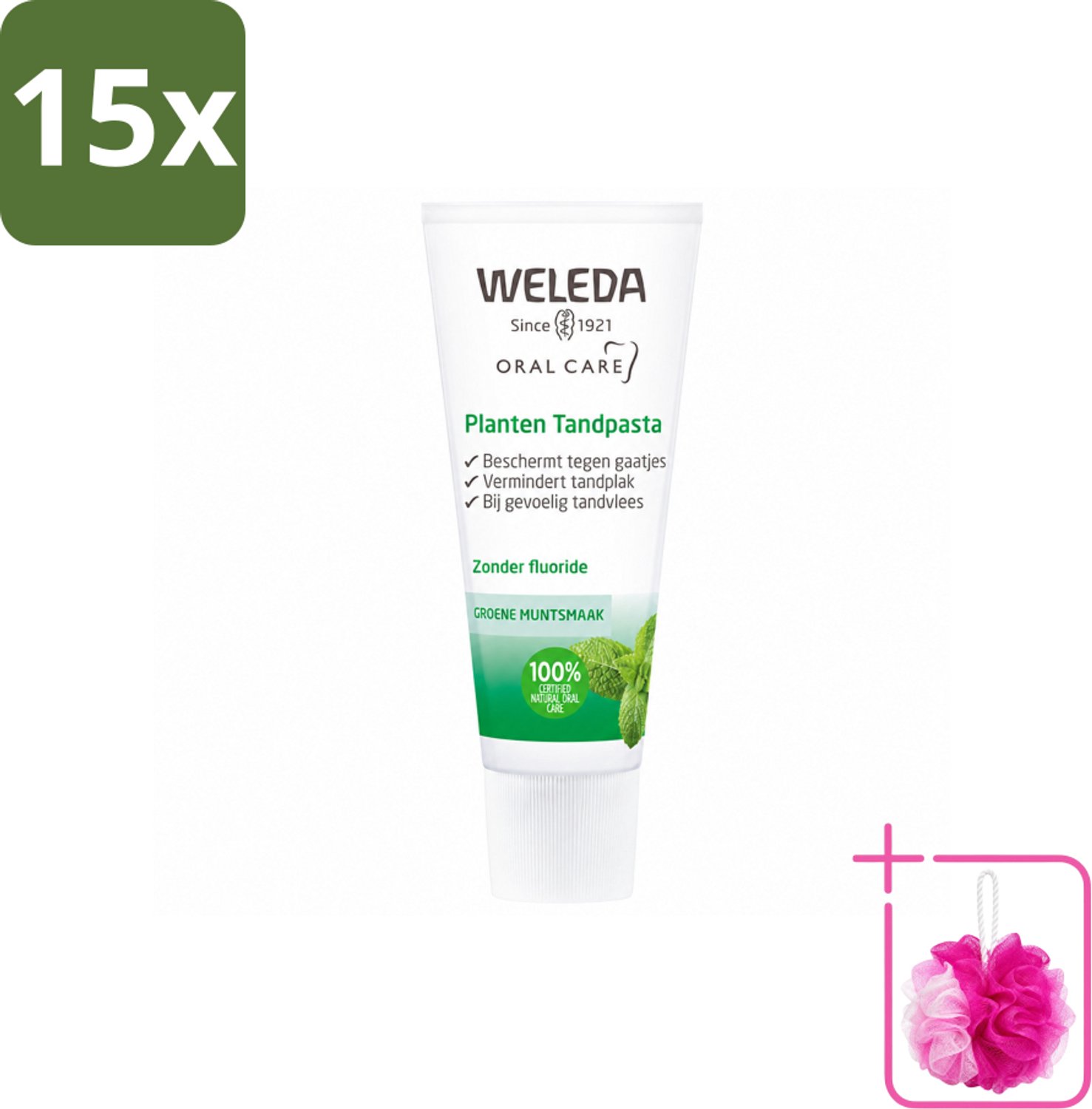 15 x WELEDA - Planten tandpasta - 75 ml - Bulkverpakking - Natuurlijke tandpasta - Douchemop - Tandvlees kalmeren