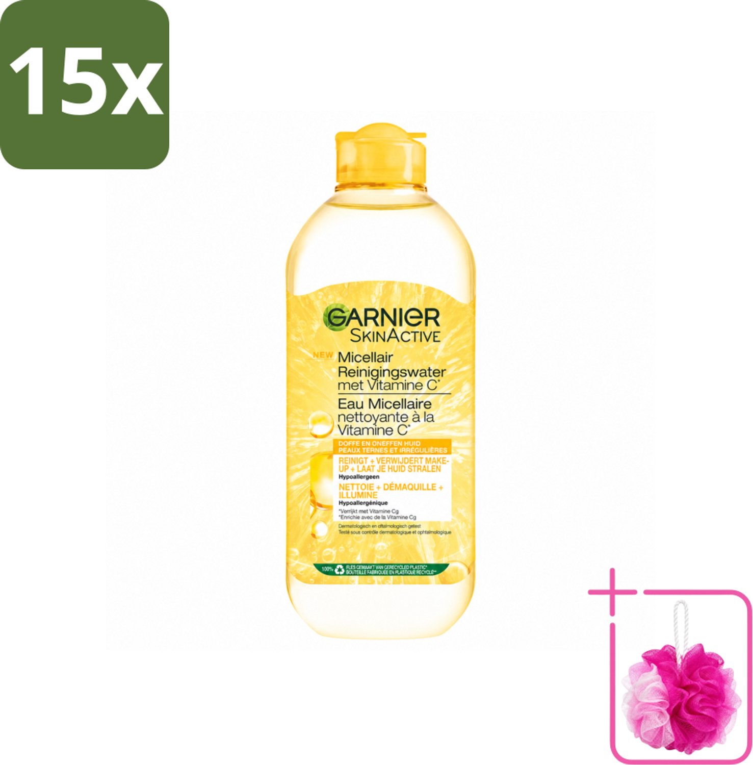 15 x Garnier - SkinActive - Micellair Water - Vitamine C - Reinigingswater - 400 ml - Bulkverpakking - Micellair reinigingswater - Douchemop - Vitamine c