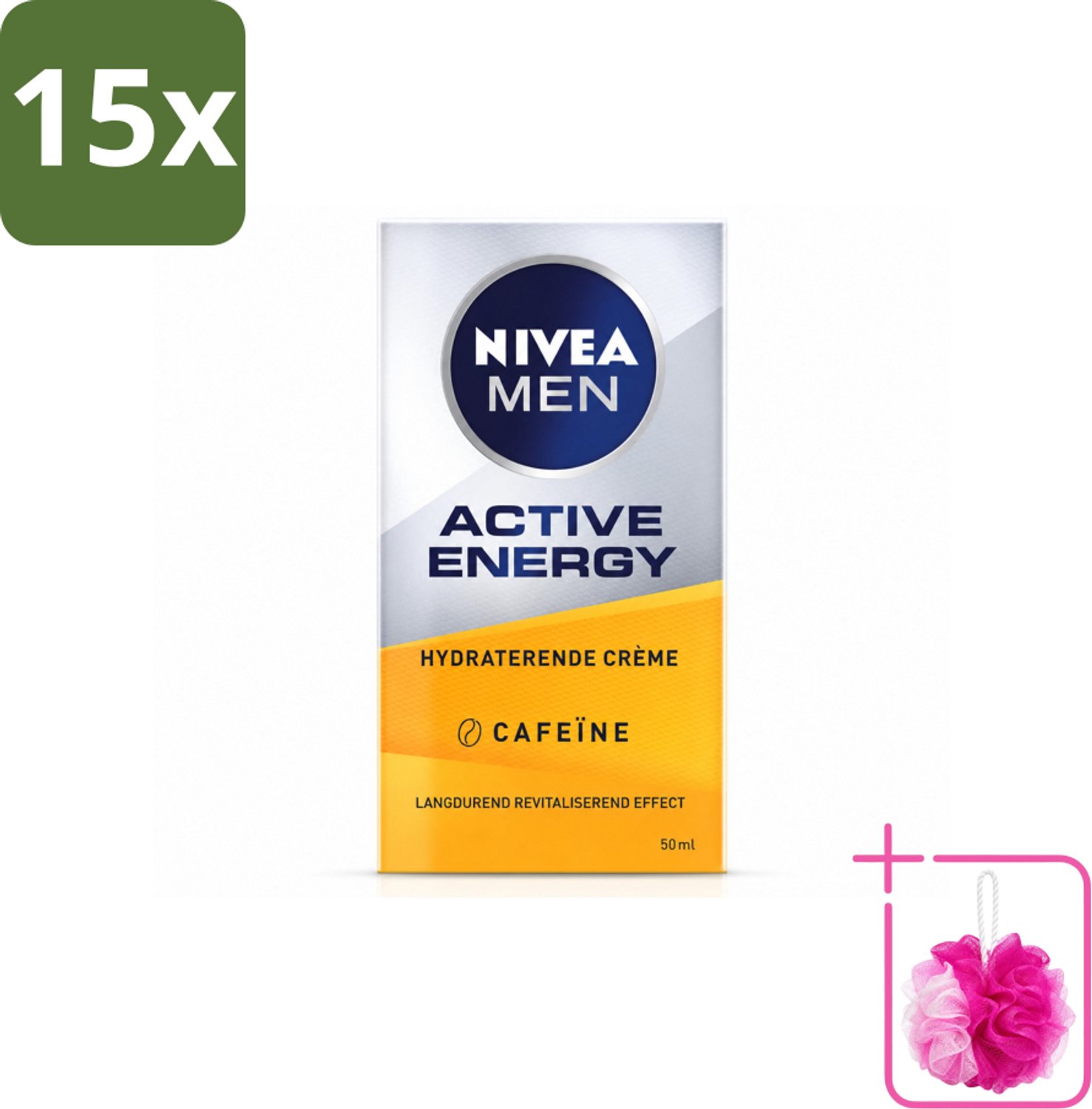 15 x NIVEA MEN - Active Energy - Gezichtscrème met Cafeïne - 50 ml - Bulkverpakking - Gezichtscreme voor mannen - Douchemop - Energie voor huid