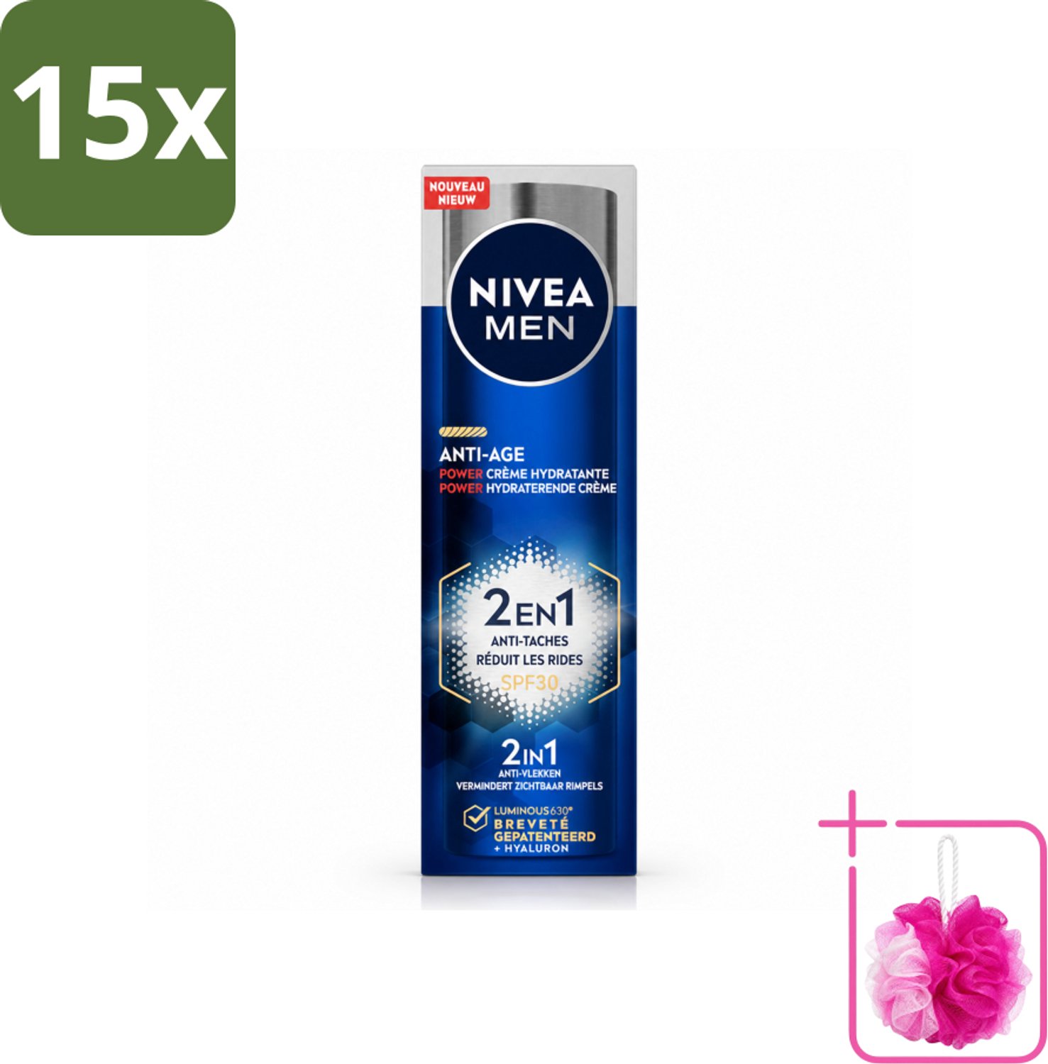 15 x NIVEA MEN - Anti-Age 2in1 Power - Hydraterende Crème Gezicht SPF 30 - 50 ml - Bulkverpakking - Anti-ouderdom - Douchemop - Hydratatie