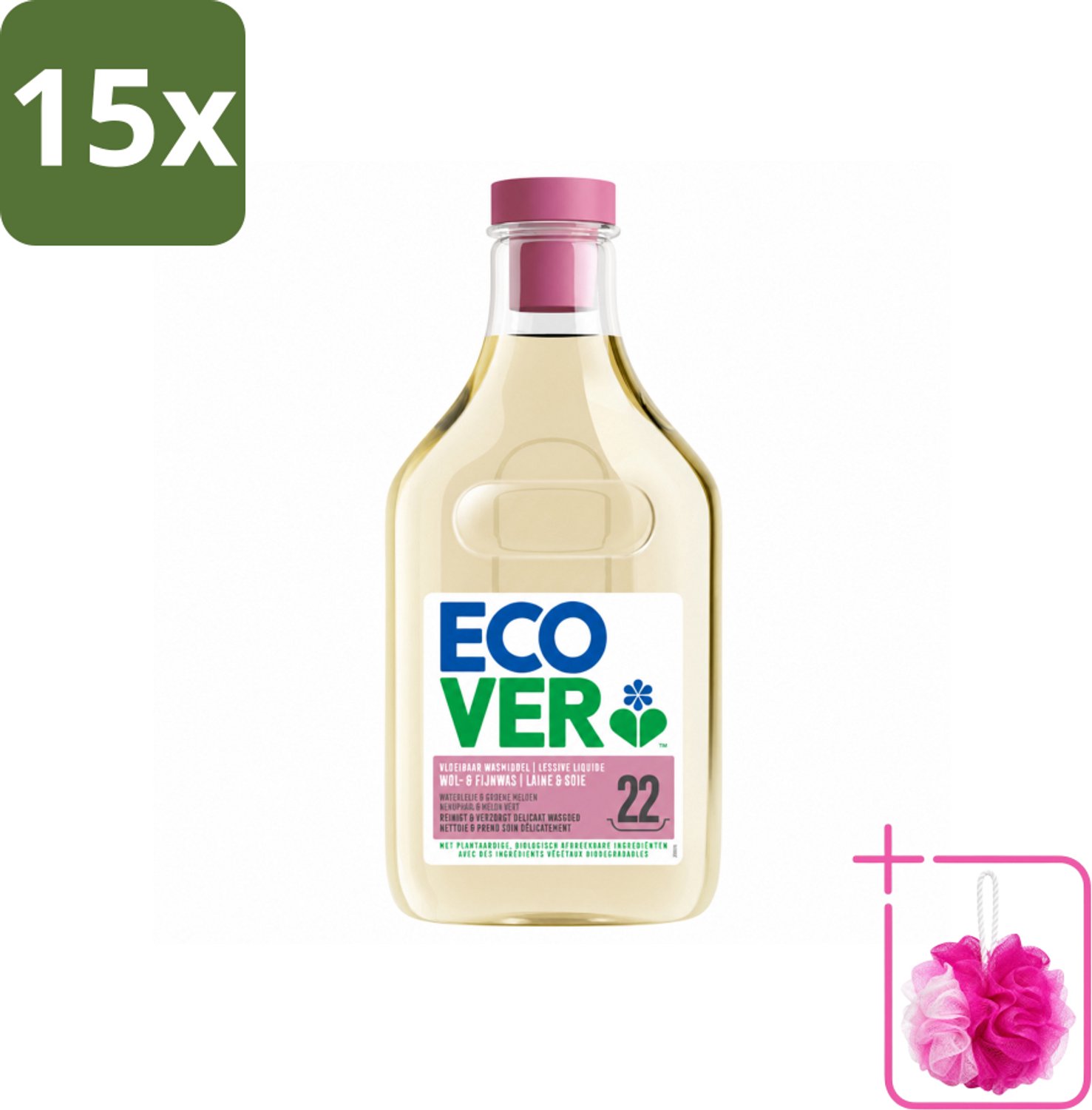 15 x Ecover - Vloeibaar wasmiddel - Wol & Fijnwas - 1 liter - 22 wasbeurten - Bulkverpakking - Zachte wasmiddelen - Douchemop - Wol wasmiddel