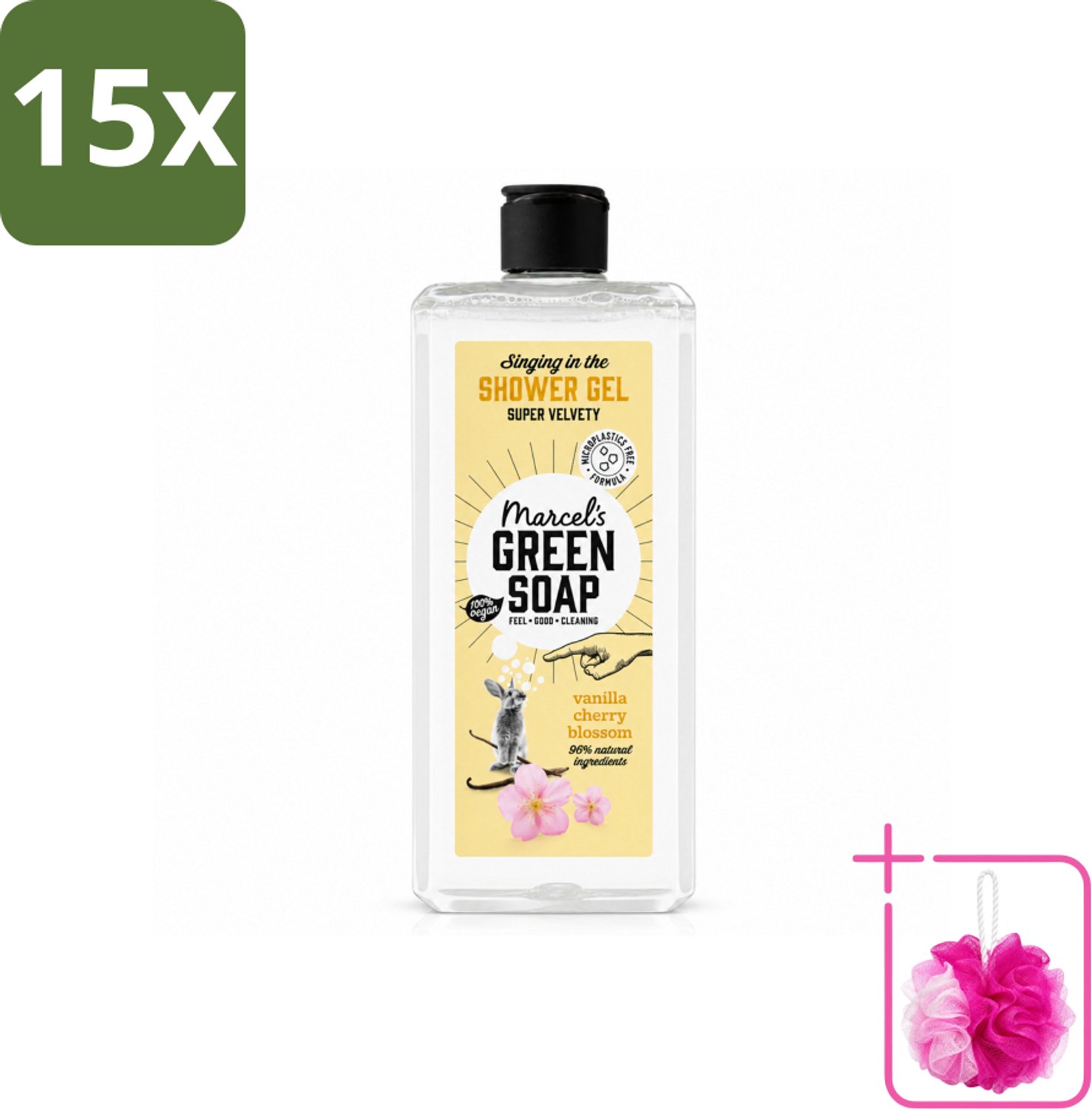 15 x Marcel's Green Soap - Douchegel - Vanille & Kersenbloesem - Verzorgend & zacht - 300 ml - Bulkverpakking - Douchegel - Douchemop - Natuurlijke verzorging