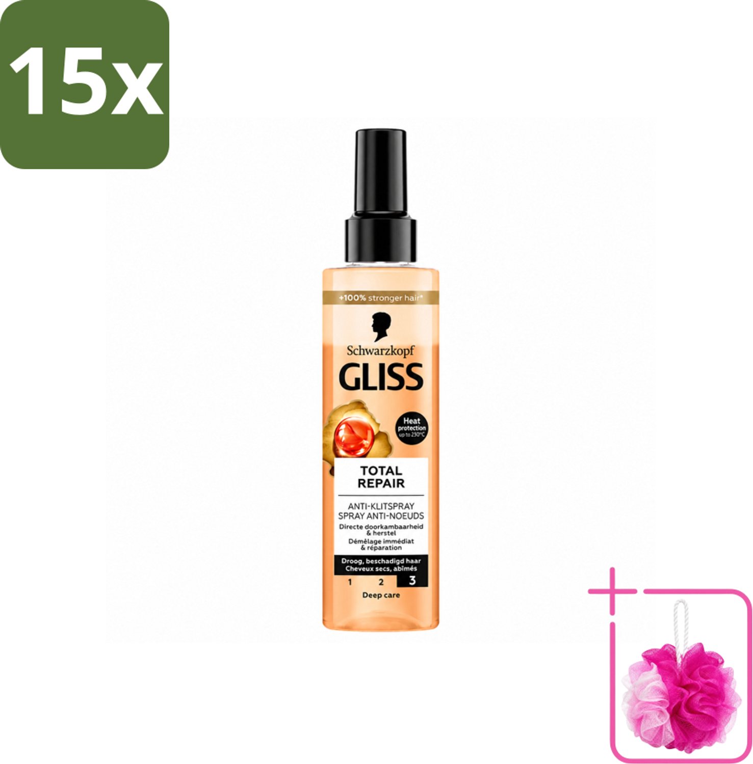 15 x Gliss - Total Repair Anti-Klit Spray - Voor Beschadigd en Droog Haar - 200 ml - Bulkverpakking - Haarkleur - Douchemop - Haarherstel