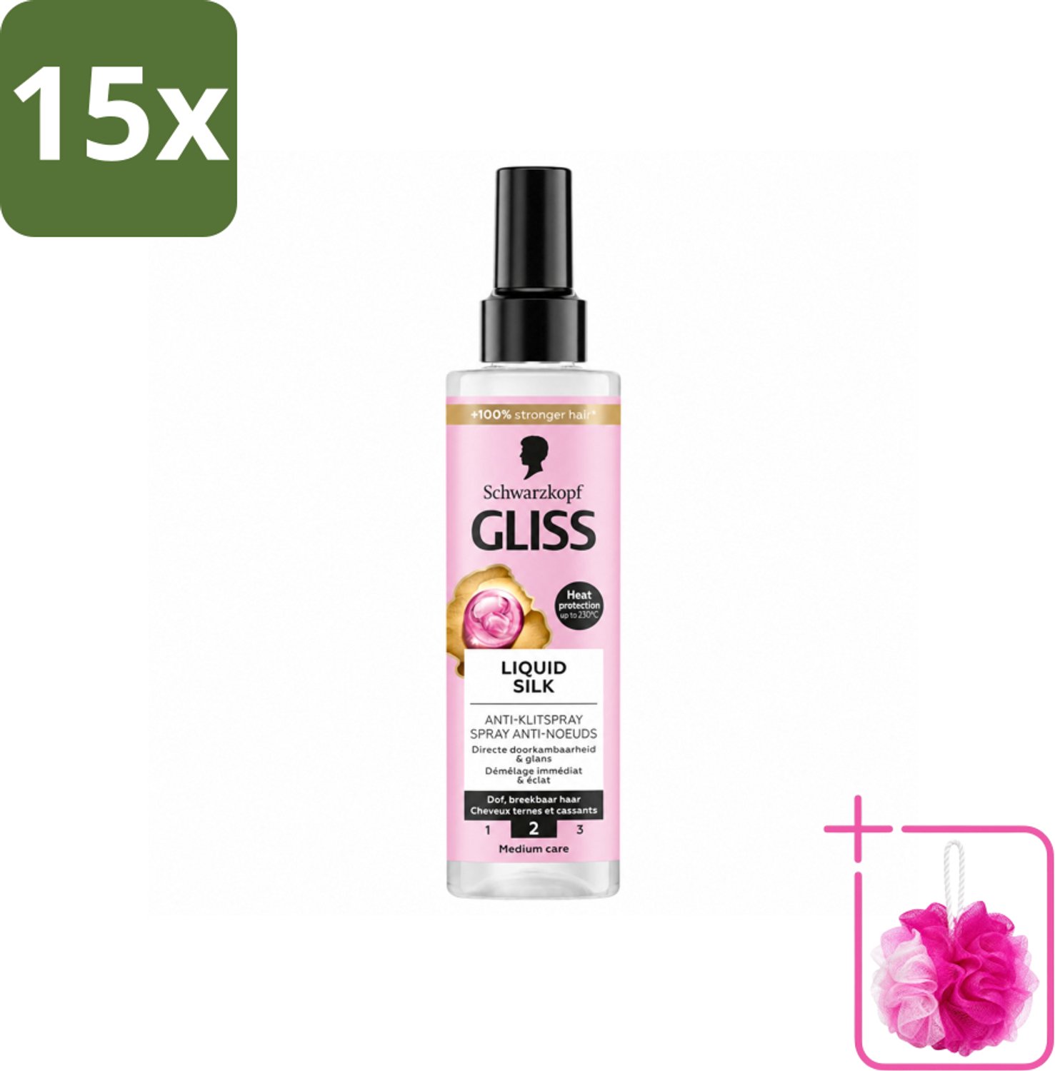 15 x Gliss - Anti-Klit Spray Liquid Silk Gloss voor Glanzend en Klitvrij Haar - 200 ml - Bulkverpakking - Ontwarren haar - Douchemop - Glansspray