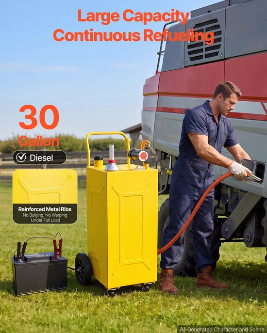 Mobiele dieseltank - Brandstoftrolley - 113,6 liter - 12V elektrische pomp - Max. 32 l/min - 4 wielen - Oliepeilindicator - Koolstofstaal, geel — afbeelding 4