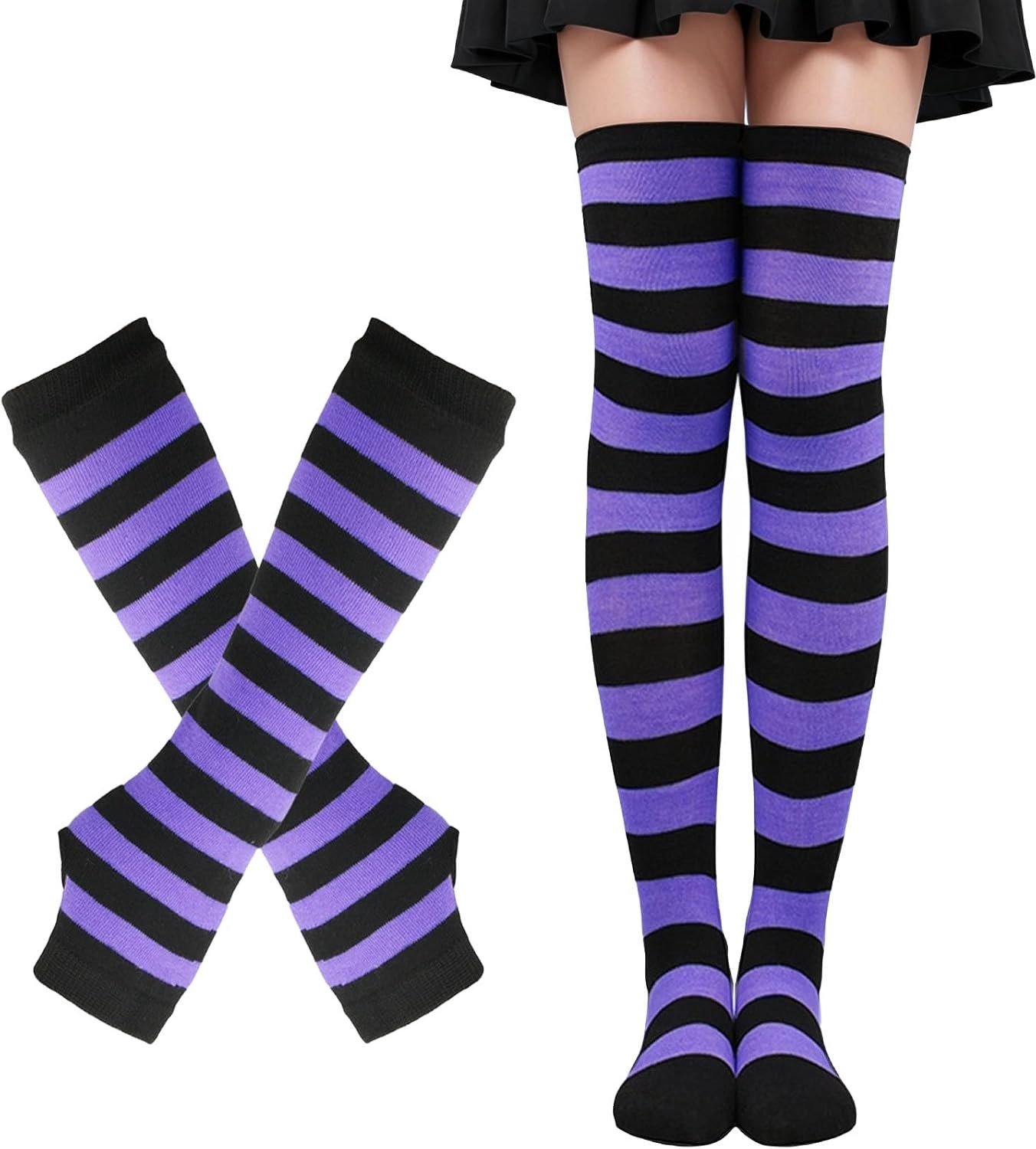 Gestreepte Kniesokken en Lange Gebreide Handschoenen Set voor Feestkostuum en Cosplay