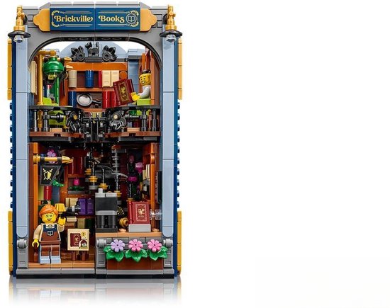 Vooraanzicht van de Brickville Books boekensteun met gedetailleerd interieur en twee minifiguren.