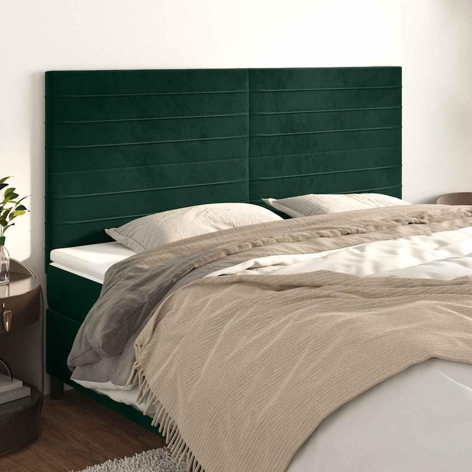 Hoofdeinde, verstelbaar, 160 x 5 x 118/128 cm, donkergroen met houten poten, biedt uitstekende rugsteun voor lezen en tv kijken in de slaapkamer.