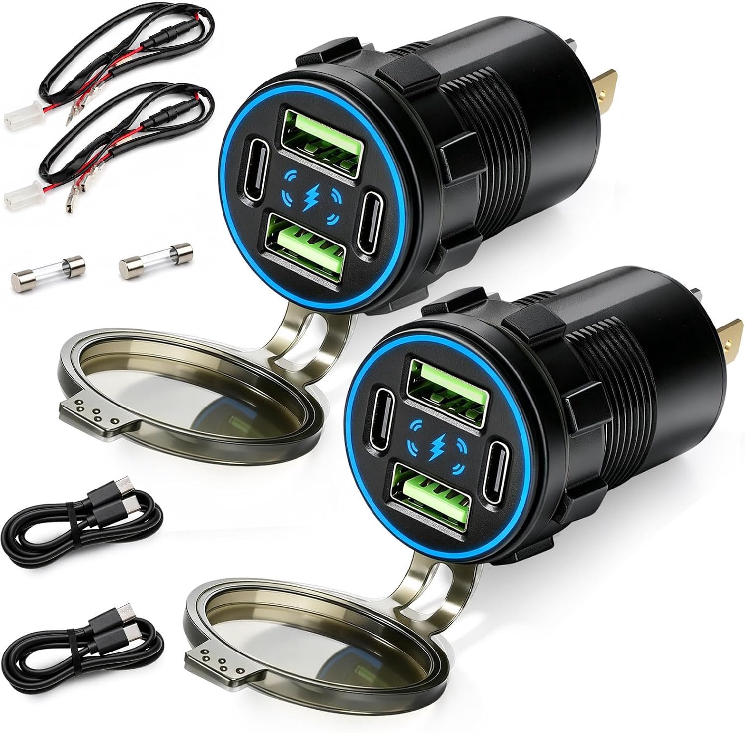 132W 12V USB-autolader met 4 poorten, dubbele USB-A (36W) en dubbele USB-C (30W), inbouwmontage, 12 volt snellader voor in de auto, waterdicht, geschikt voor 12-24V (2 Stuks)