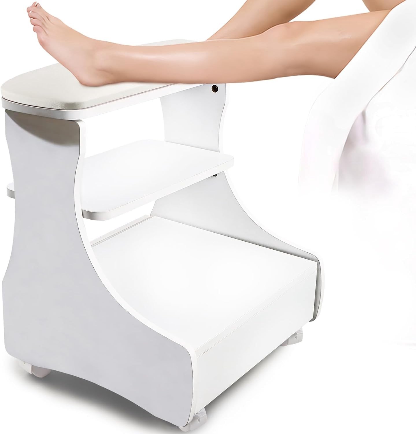 Comfortabele Pedicure Voetsteun met Wielen van PU Leer voor Thuis en Salongebruik - Ideaal voor Manicure en Pedicure Behandelingen (Wit)