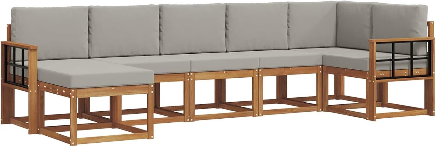 Outdoor sectionele bankset van massief acacia met kussens, 7-delig, in bruin en lichtgrijs, design met lattenbodem, flexibele opstelling voor tuin of terras