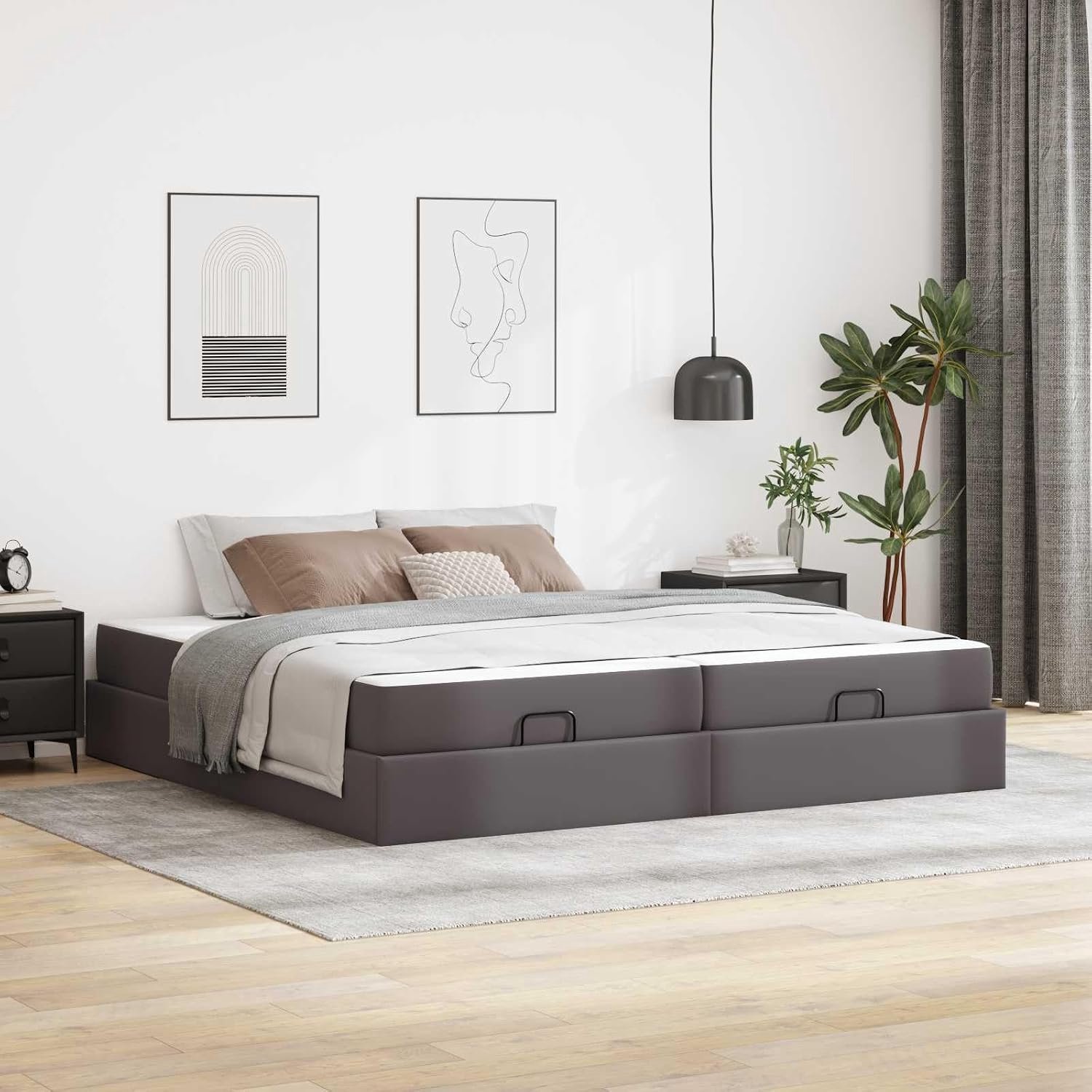 Bedframe met matras, 2 stuks, grijs, pvc, rechthoekig, mat, met lattenbodem van hout en metaal, schuimmatras met hoge dichtheid, opbergruimte onder het bed, onderhoudsvriendelijk