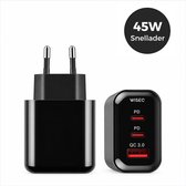 45W adapter USB-C – USB snellader met 3 poorten – oplader USB-C – geschikt voor Samsung Galaxy en iPhone – zwart – WiseQ