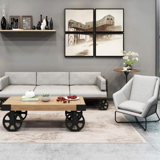 Bijzettafeltjes Salontafel Industrieel Smeedijzeren Tafeltje In Industriële Stijl, Retro American Country Salontafel, Woonkamer Creatieve Grenen Theetafel (Color : Beige, Size : 80 * 60 * 40cm) — afbeelding 2