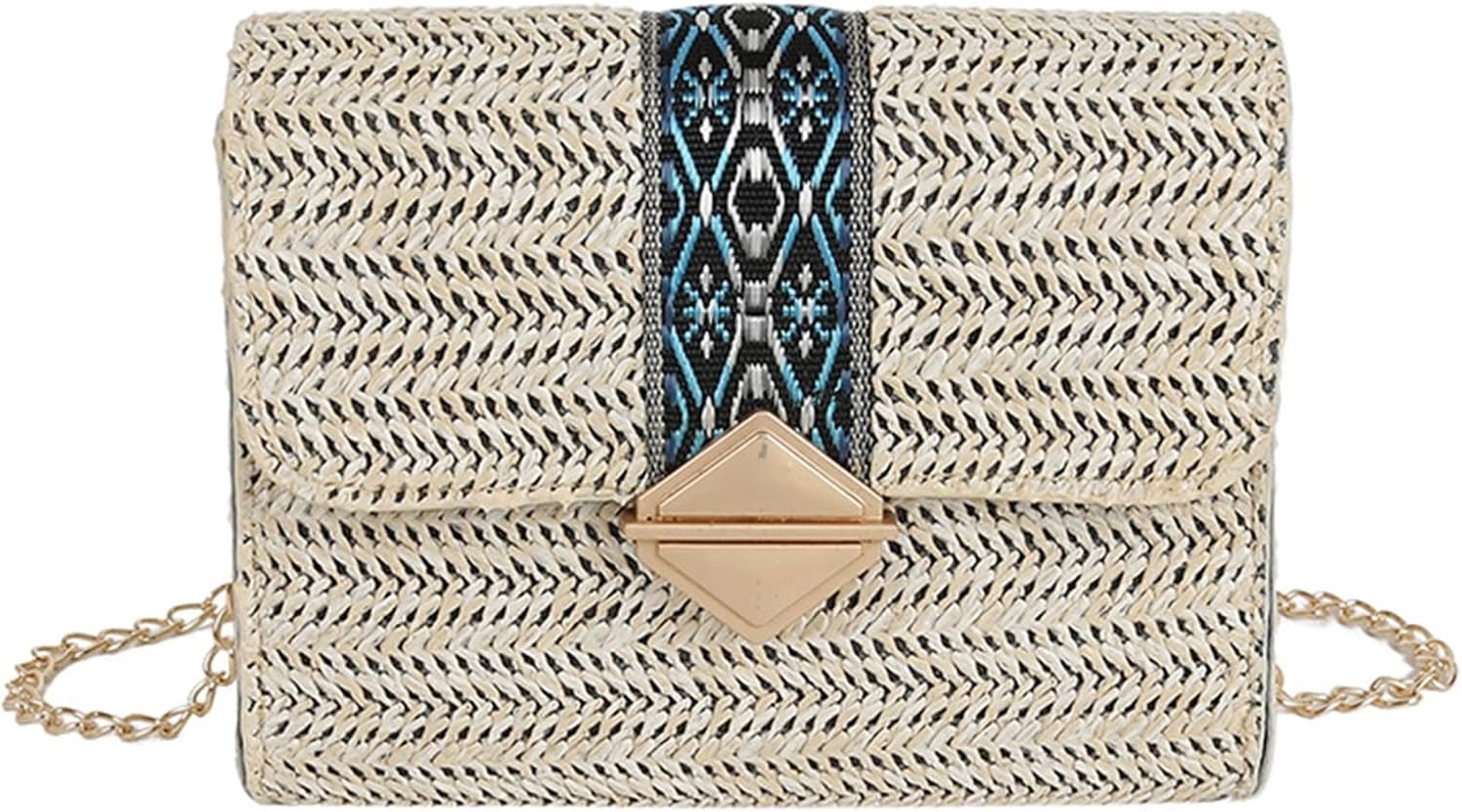 Schoudertas, etnische stijl geborduurde strozak Mode geweven kleine vierkante tas, Crossbody ketting damestas.