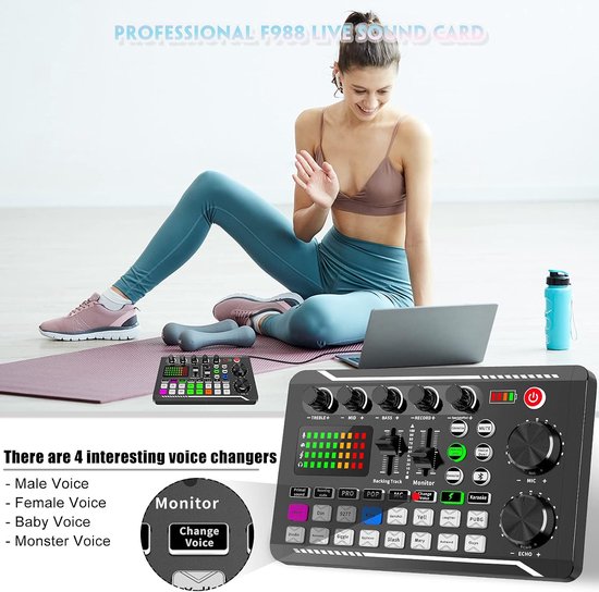 Geluidskaart- en audio-interface met DJ-mixer-effecten en stemwisselaar, F988 Bluetooth stereo audiomixer, voor live Youtube streaming, pc, opnamestudio en gaming — afbeelding 5