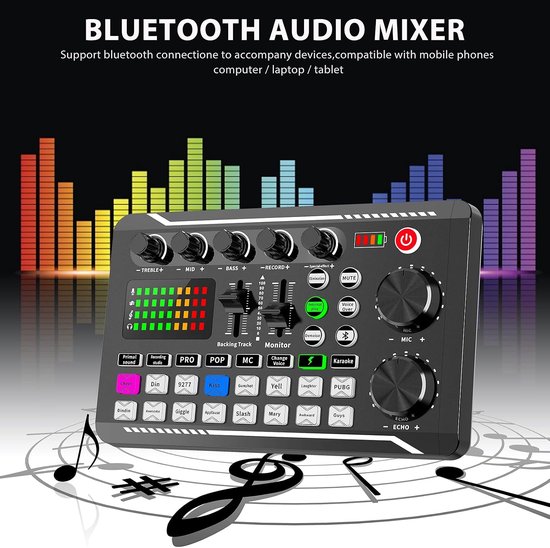 Geluidskaart- en audio-interface met DJ-mixer-effecten en stemwisselaar, F988 Bluetooth stereo audiomixer, voor live Youtube streaming, pc, opnamestudio en gaming — afbeelding 2