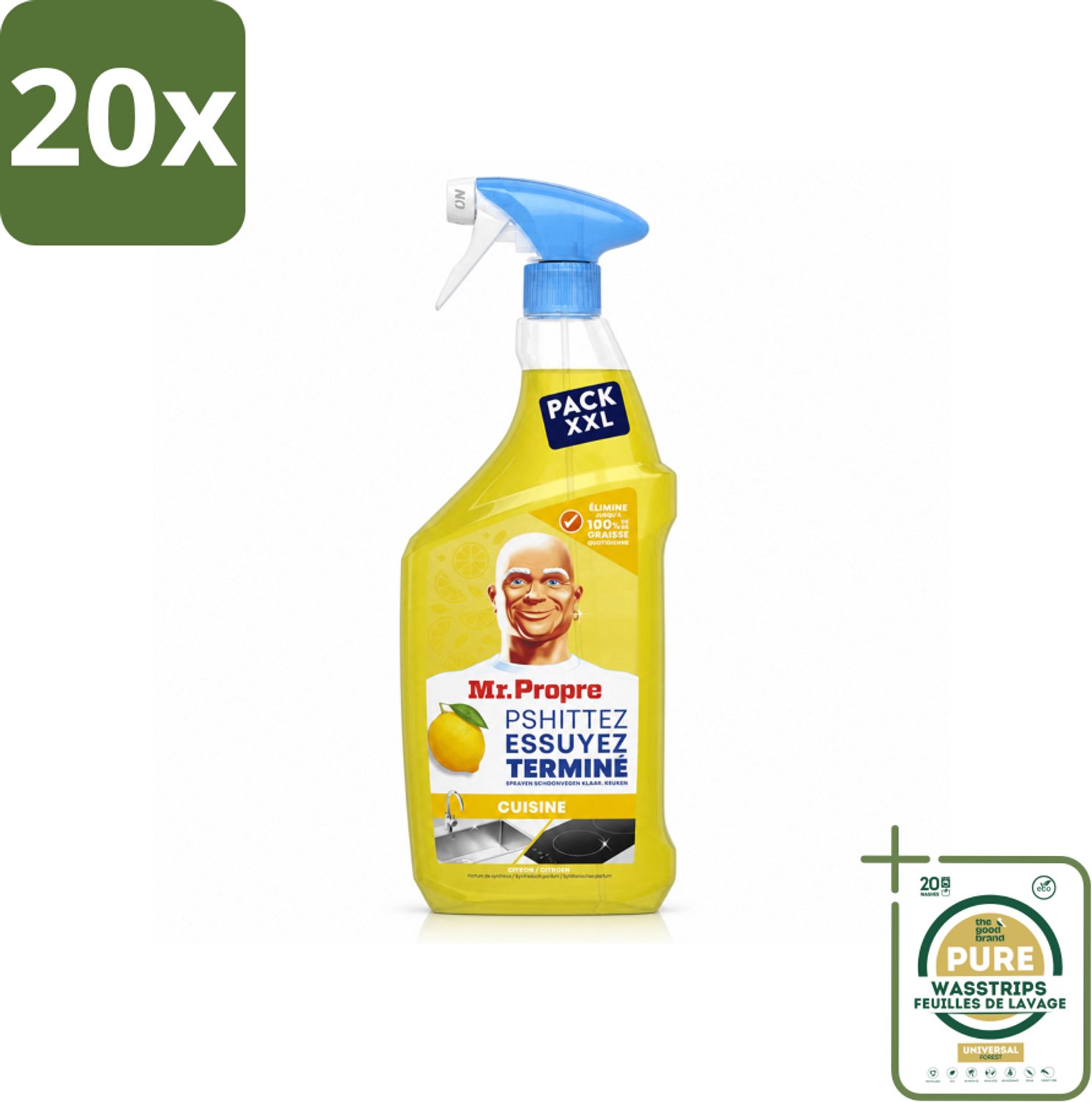 20 x Mr. Propre – Flash Reinheid Spray – Ontvetter & Allesreiniger – Lemon – 800 ml - Wasstrips - Ontvetter - Allesreiniger - Citroen - Reinigings Spray - Keuken Reinigen