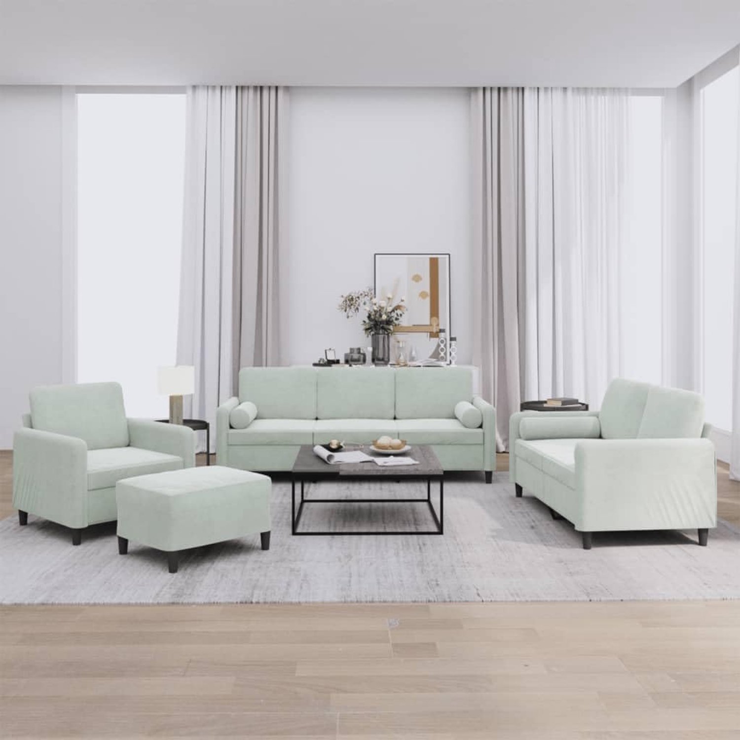 4-delig. Sofa set met kussen lichtgrijs fluweel, zacht velours sofa set met kruk, robuust metalen frame, comfortabele bekleding voor woonkamer, zitgroep