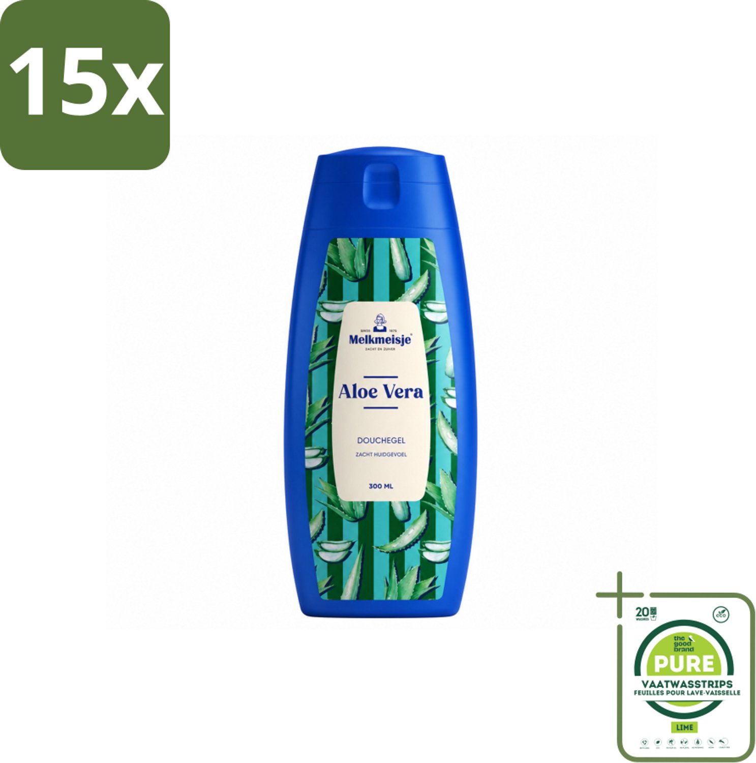 15 x Melkmeisje – Douchegel – Aloe Vera – Zacht Huidgevoel – 300 ml - Grootverpakking - Vaatwasstrips - Bad En Douche Crème - Melkproteïnen - Huid Verzorging - Zachte Huid - Vochtigheid