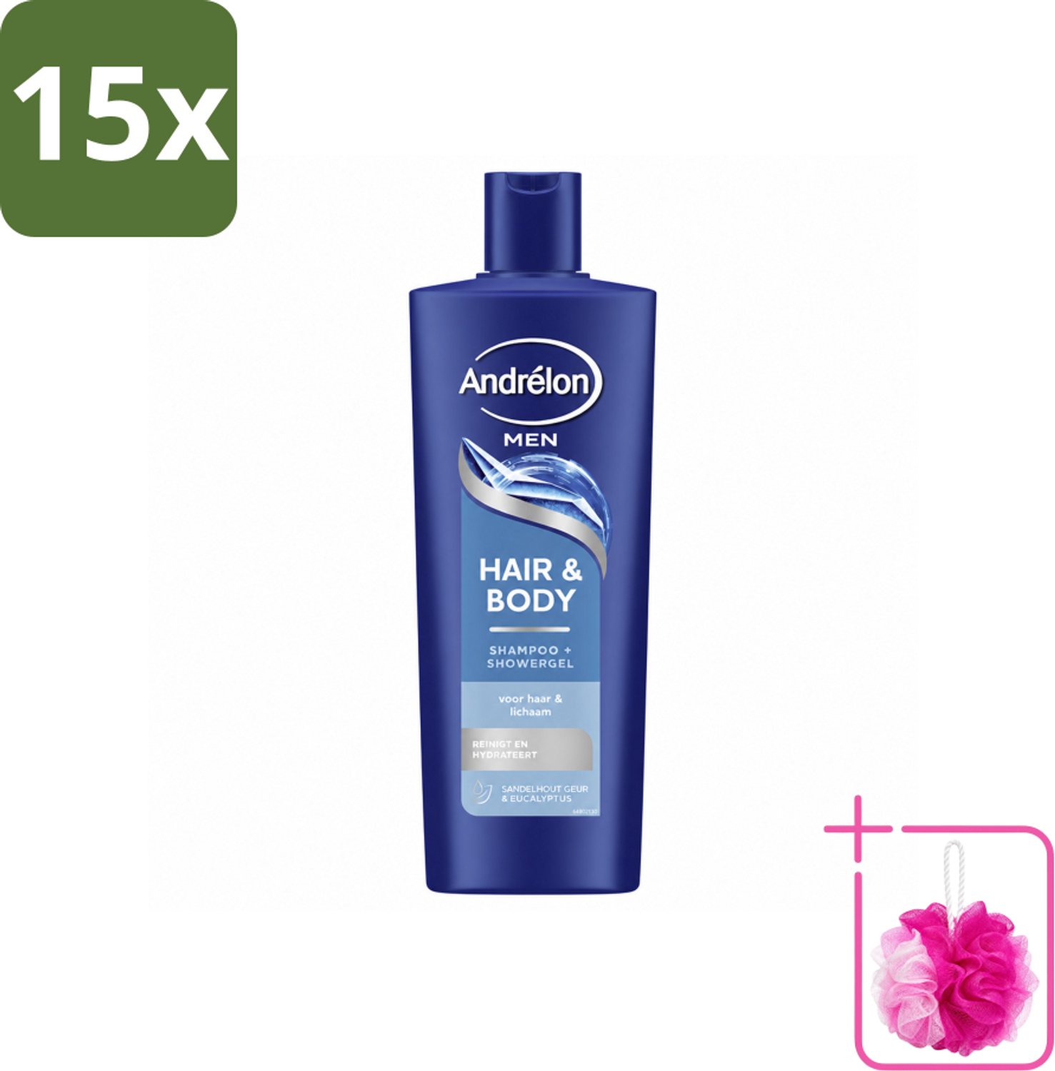 15 x Andrélon – Shampoo – Hair & Body Men – 400 ml - Bulkverpakking - Mannelijke haar en huid verzorging - Douchemop - 2-in-1 shampoo en showergel