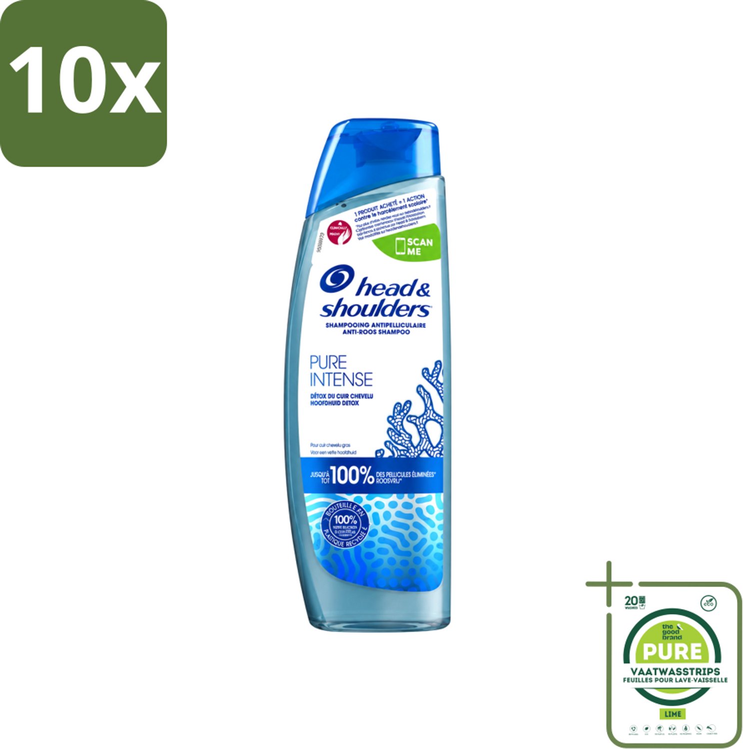 10 x Head & Shoulders - Anti-Roos Shampoo - Pure Intense - Hoofdhuid Detox - 250 ml - Grootverpakking - Vaatwasstrips - Hoofdhuid Detox - Roosbestrijding - Hoofdhuid Reinigen - Schone Hoofdhuid - Haar Gezond