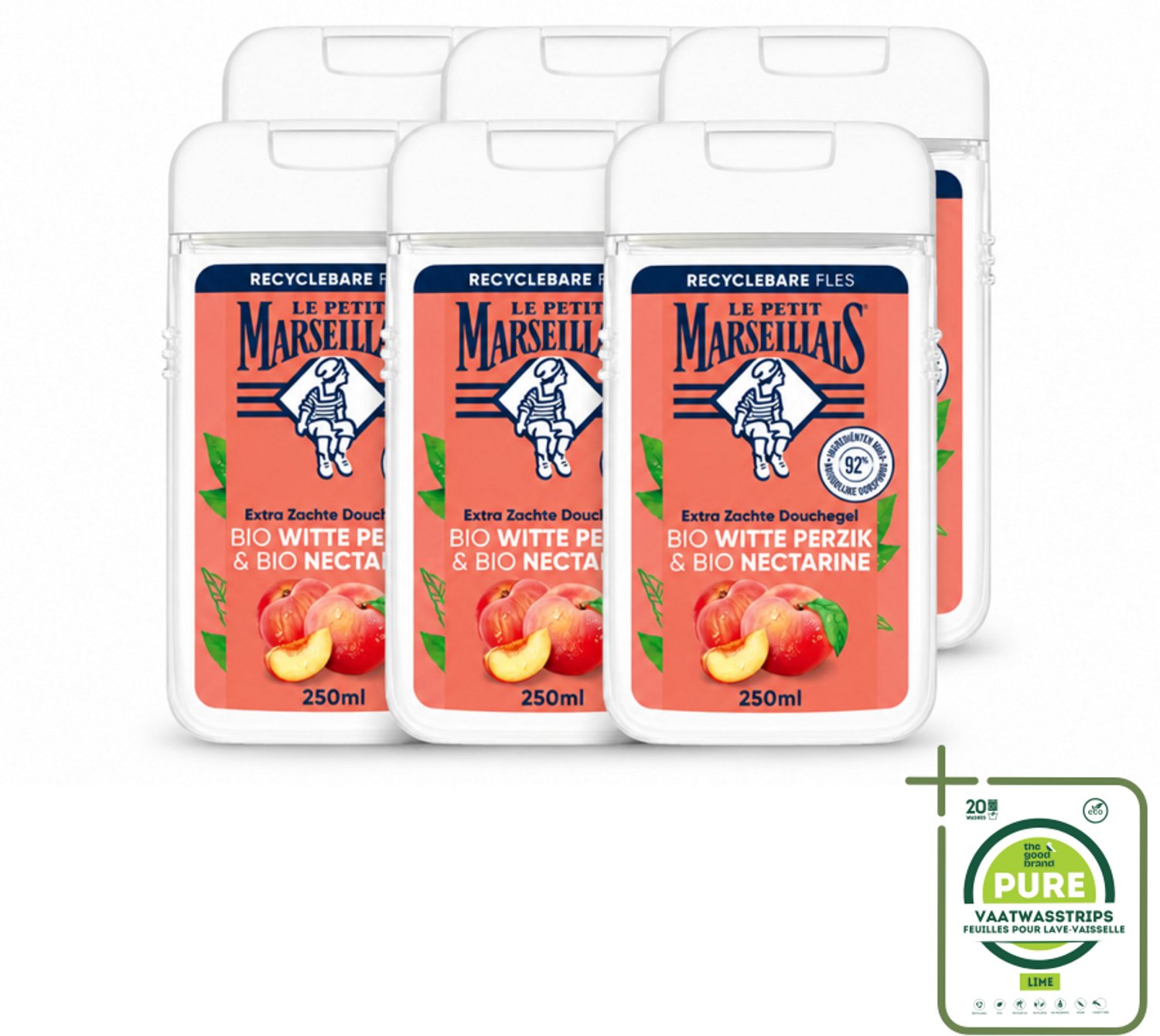 6 x Le Petit Marseillais – Douchegel – Bio Perzik & Nectarine – Verfrissend – 250 ml - Grootverpakking - Vaatwasstrips - Douchegel Bio Perzik En Nectarine - Frisse Douchegel - Bio Douchegel - Fruitige Douchegel - Perzik En Nectarine Douchegel