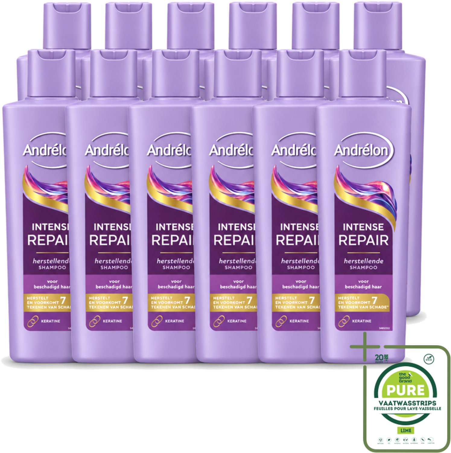 12 x Andrélon – Shampoo – Intense Repair – 250 ml - Grootverpakking - Vaatwasstrips - Haar Herstellen - Beschadigd Haar - Keratine Shampoo - Haar Beschermen - Haar Herstel