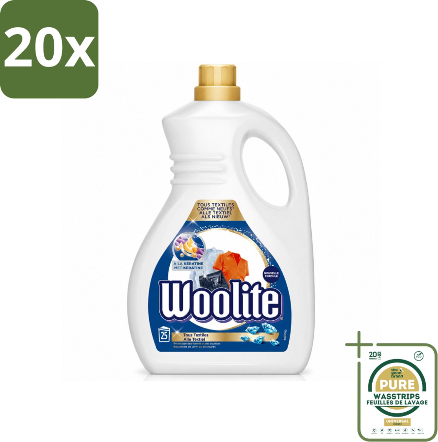 20 x Woolite - Wasmiddel - Vloeibaar Wasmiddel - Alle textiel - 25wb/1,5L - Wasstrips - Wasmiddel Voor Textiel - Keratine Wasmiddel - Textiel Verzorging - Pluisvorming Voorkomen - Vezelbescherming