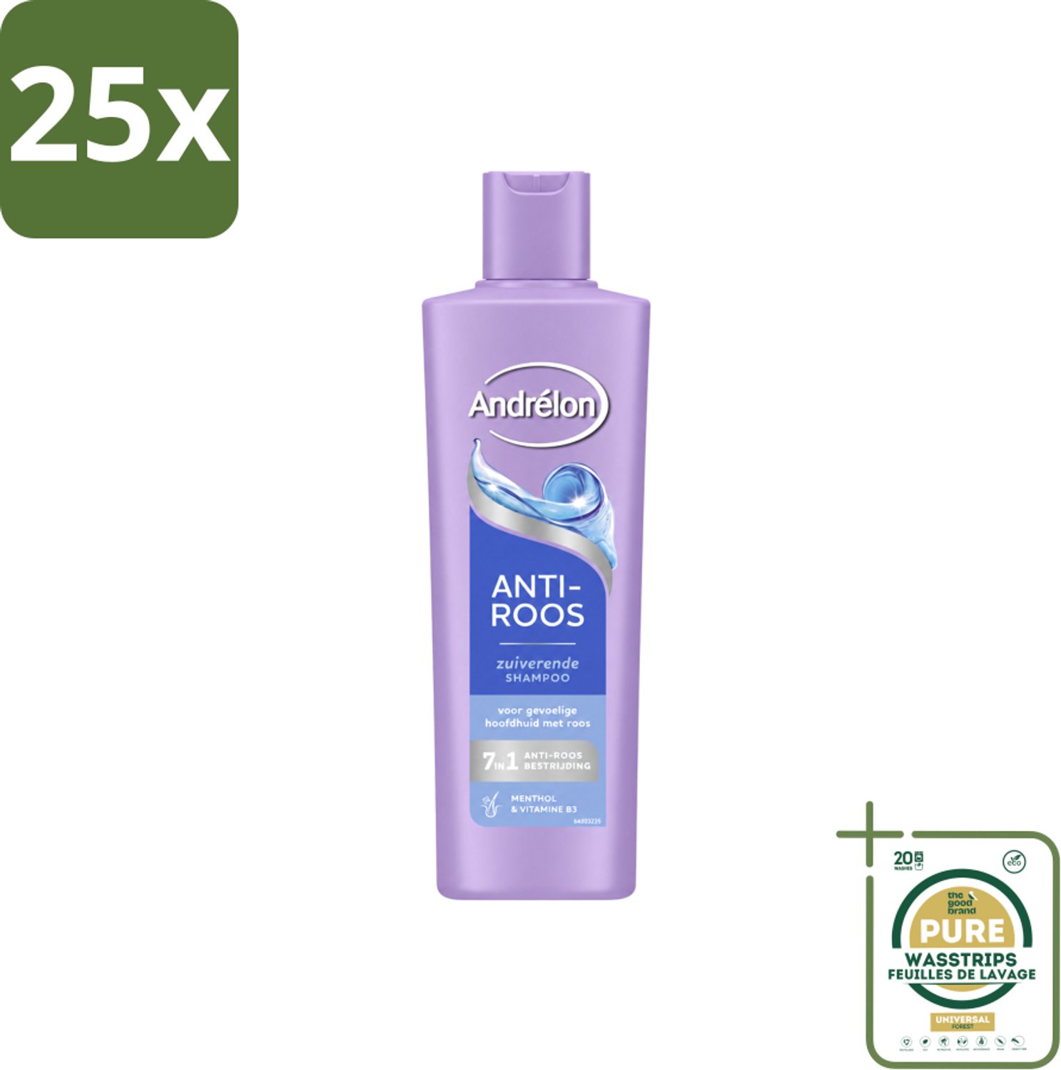 25 x Andrélon – Shampoo – Anti Roos – 250 ml - Wasstrips - Anti-roos Shampoo - Roos - Gevoelige Hoofdhuid - Menthol - Vitamine B3