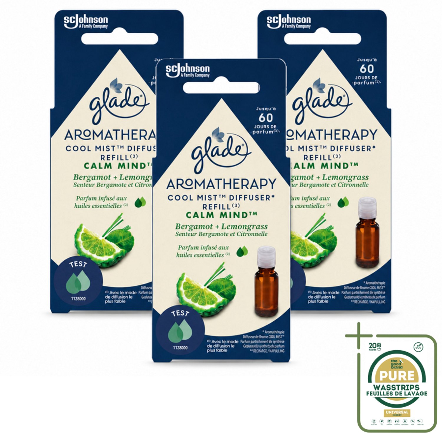 3 x Glade – Aromatherapy Mist Diffuser Navulling – Calm Mind – 17,4 ml - Wasstrips - Aromatherapie - Ontspanning - Luchtverfrisser - Bergamot - Citroengras