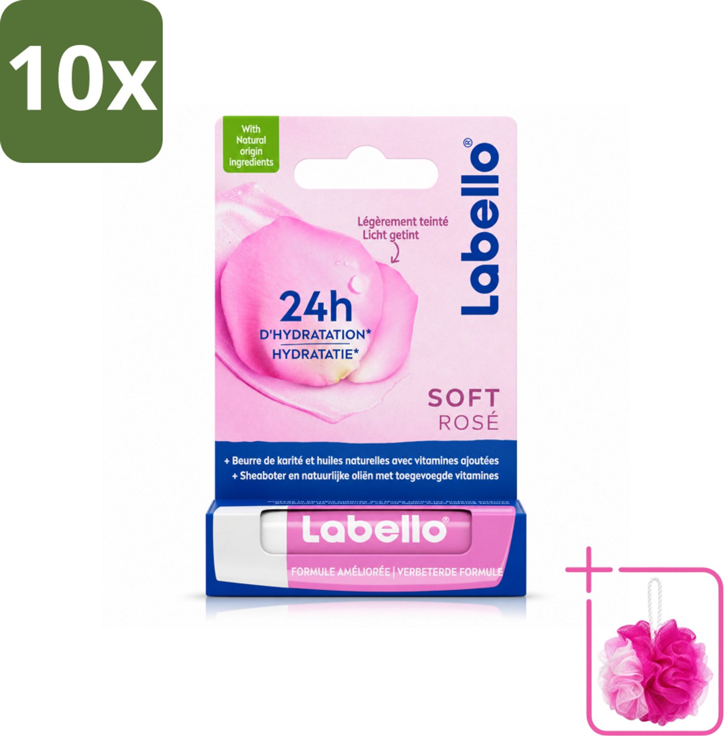 10 x Labello – Lippenbalsem – Soft Rosé – Lippenbalsem – 24H Hydratatie - Bulkverpakking - Hydraatende lippenbalsem - Douchemop - Roze lippenbalsem