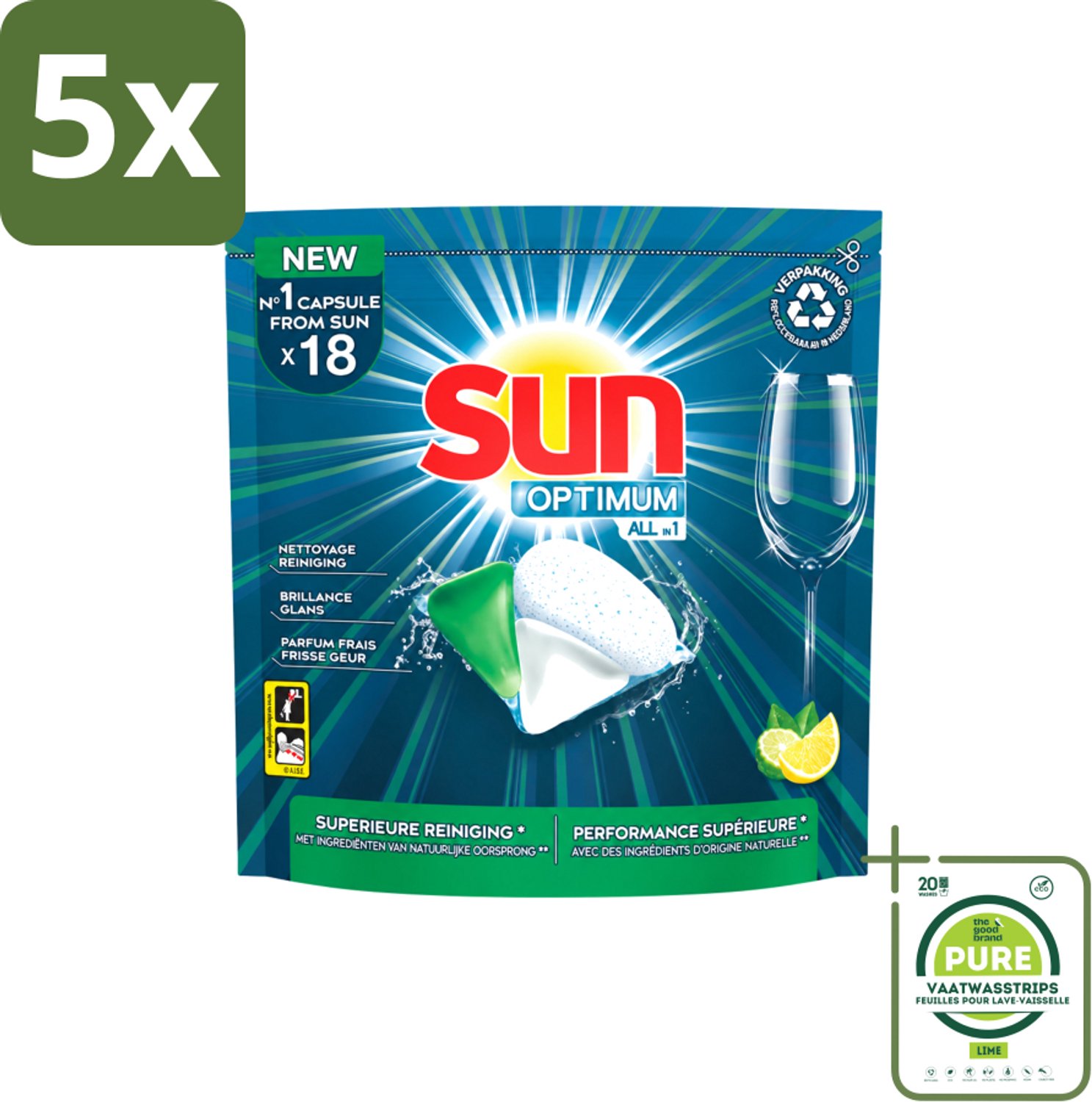 5 x Sun Optimum - All-in-1 - Vaatwasmiddel - Capsules - Citroen - 18 Capsules - Grootverpakking - Vaatwasstrips - Vaatwasmiddel - Vaatwascapsules - Citroen - Reiniging - Spoelglans