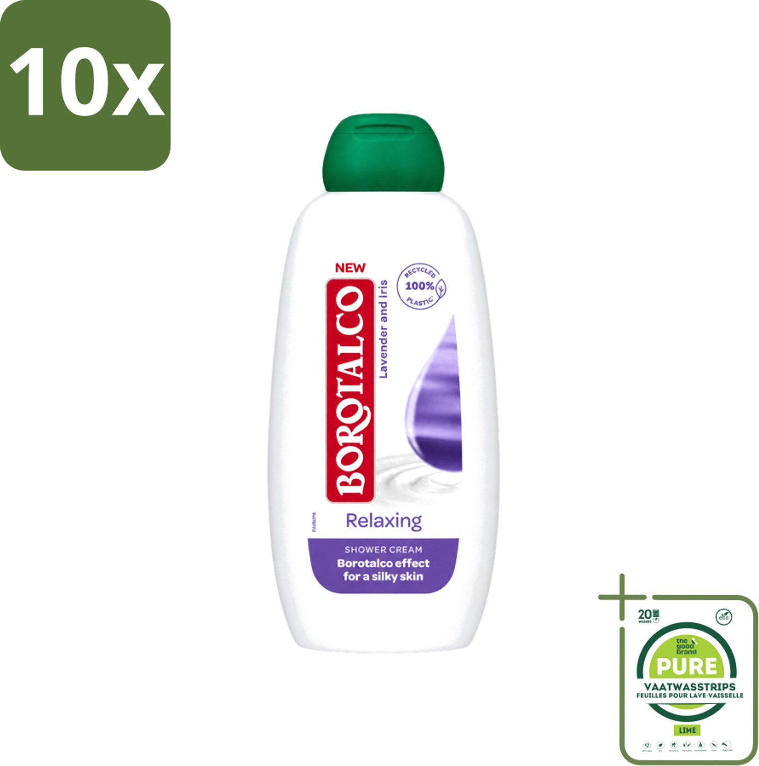 10 x Borotalco - Douchegel - Relaxing - Lavender & Iris - 250 ml - Grootverpakking - Vaatwasstrips - Douchegel - Ontspanning - Lavendel - Iris - Huidverzorging