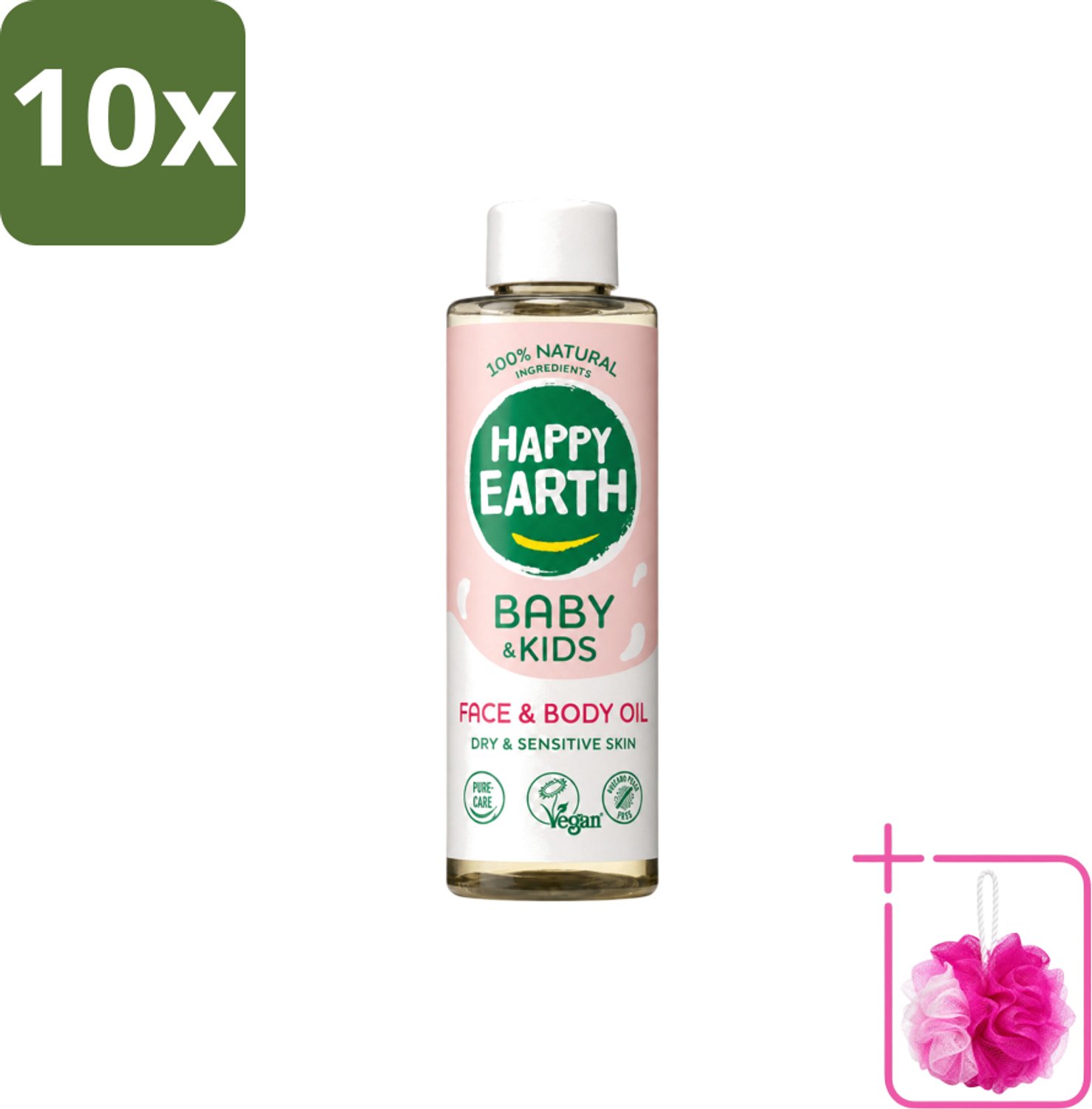 10 x Happy Earth – Face & Body Oil – 100% Natuurlijk Baby & Kids – 150 ml - Bulkverpakking - Babyolie - Douchemop - Gezichtsolie