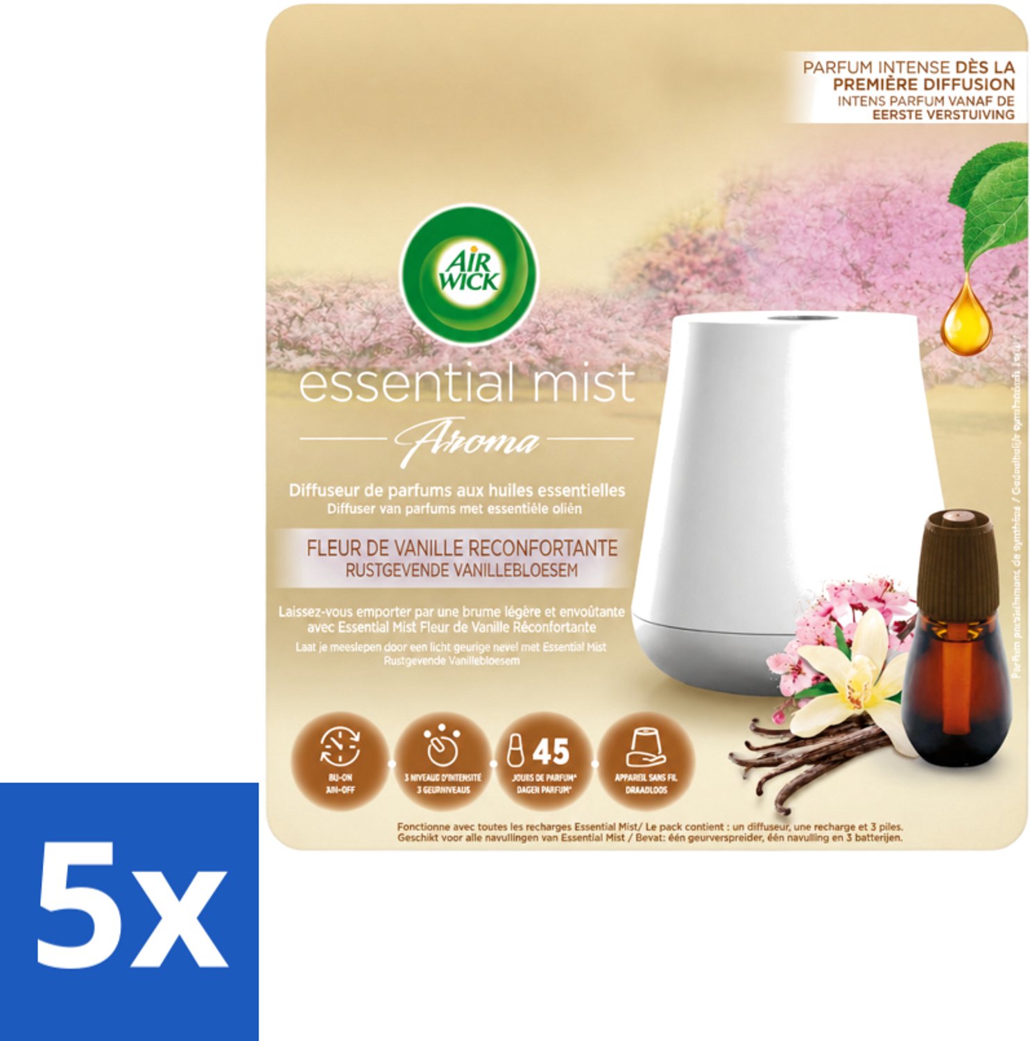 5 x Air Wick Essential Mist - Elektrische Geurverspreider - Starterkit - Rustgevende Vanillebloesem - 20ml - Voordeelverpakking - 5 stuks