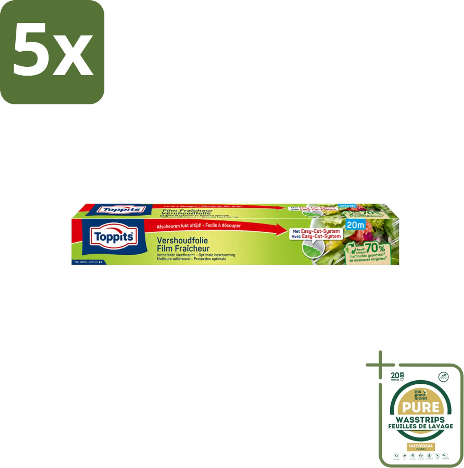 5 x Toppits – Vershoudfolie – 32,5 cm × 20 m - Wasstrips - Vershoudfolie - Vers Eten - Geurbehoud - Smaakbehoud - Voedingsstoffenbehoud