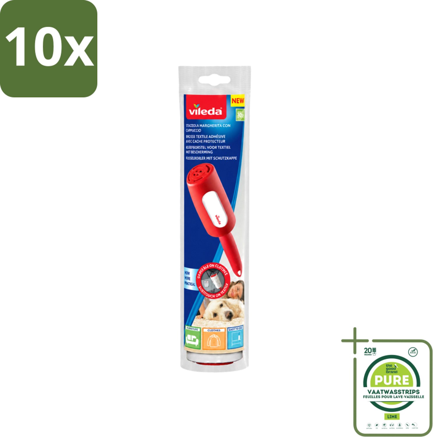 10 x Vileda - Lintroller - Pluisverwijderaar - Inclusief Beschermkap - 30 Vellen - Grootverpakking - Vaatwasstrips - Pluisverwijderaar - Pluisjes Verwijderen - Stofdeeltjes Verwijderen - Haren Verwijderen - Textiel Reinigen