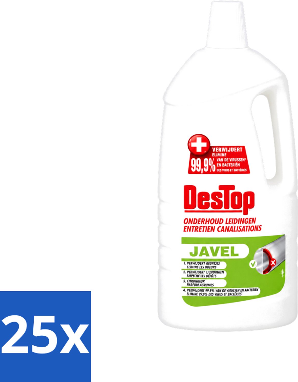 25 x DesTop - Onderhoud Leidingen - Javel - 4-in-1 Werking - Citroengeur - 1,5L - Voordeelverpakking - 25 stuks