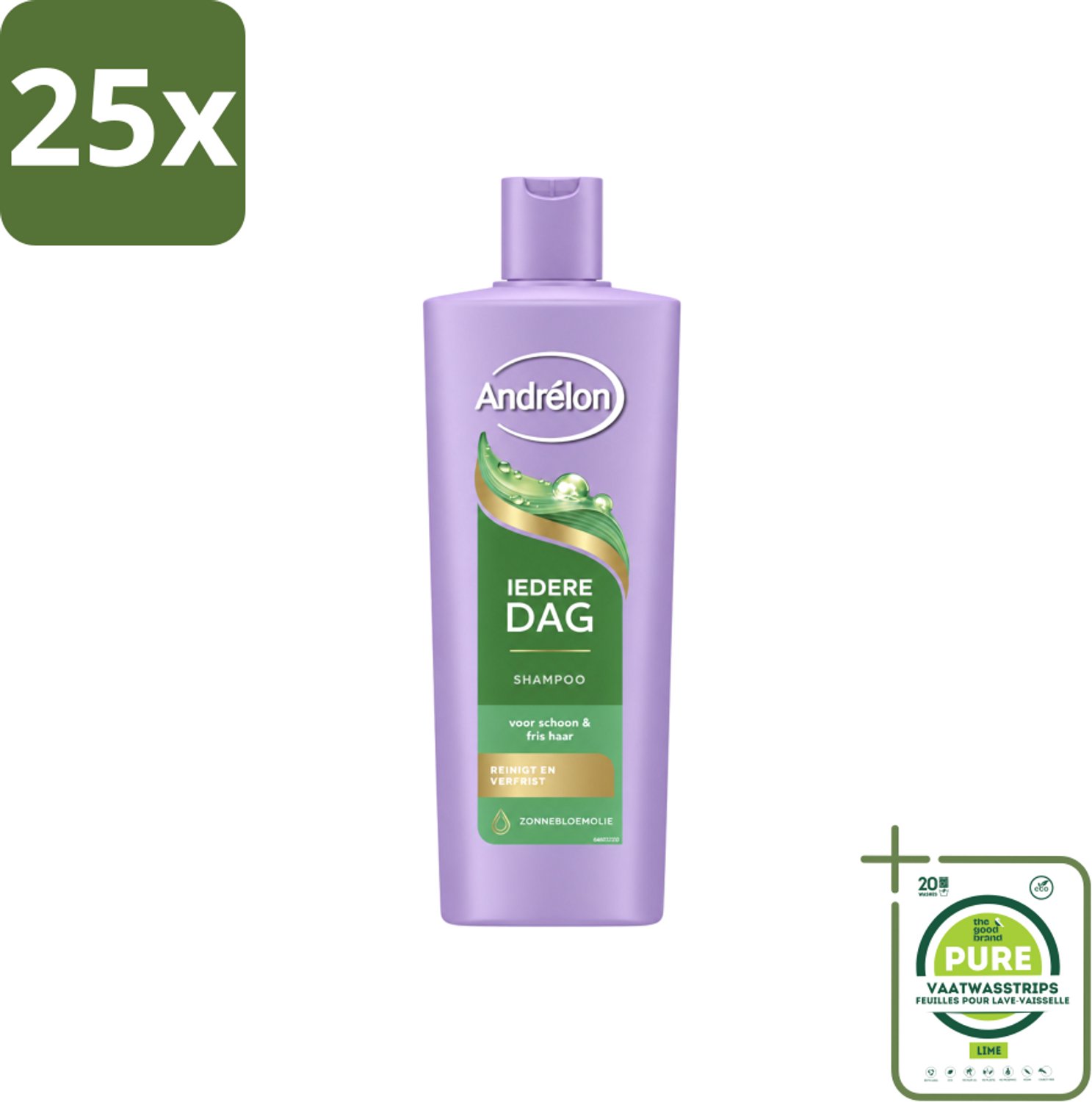 25 x Andrélon – Shampoo – Iedere Dag – 400 ml - Grootverpakking - Vaatwasstrips - Dagelijks Haar Wassen - Fris Haar - Gezond Haar - Zonnebloemolie Shampoo - Milde Shampoo