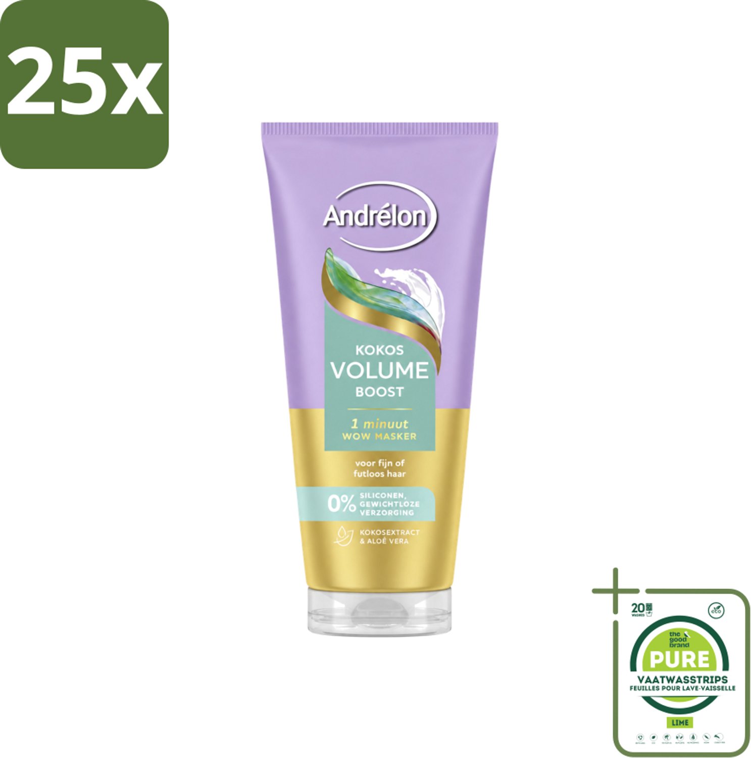 25 x Andrélon – Haarmasker WOW – Kokos Volume Boost – 180 ml - Grootverpakking - Vaatwasstrips - Volume Boost Haar - Fijn Haar Verzorging - Luchtig Haar - Haarmasker 1 Minuut - Kokos Volume