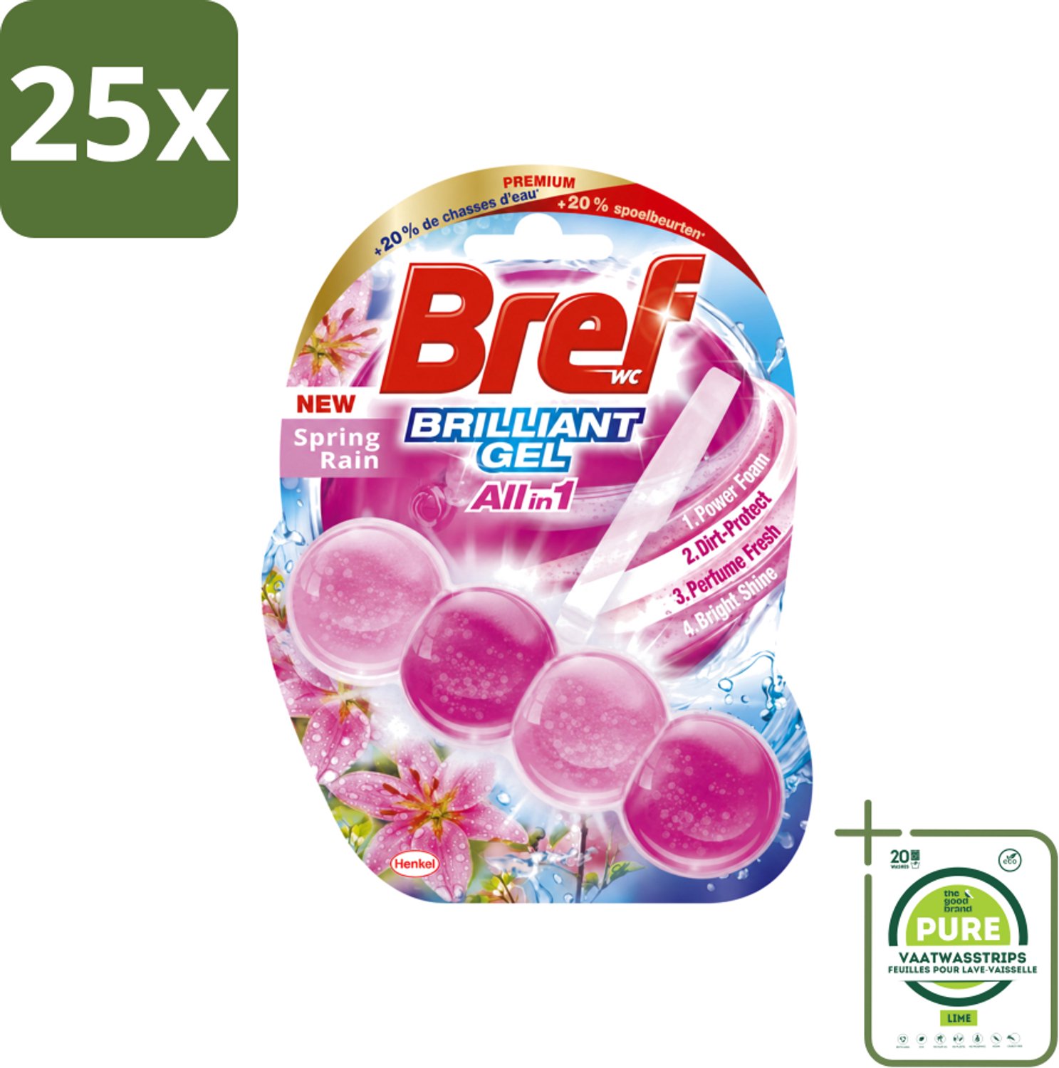 25 x Bref - Toiletblok - Brilliant Gel - Spring Rain - 42g - Grootverpakking - Vaatwasstrips - Toilet Reinigen - Toilet Fris - Toilet Glans - Toilet Hygiëne - Toilet Schoon