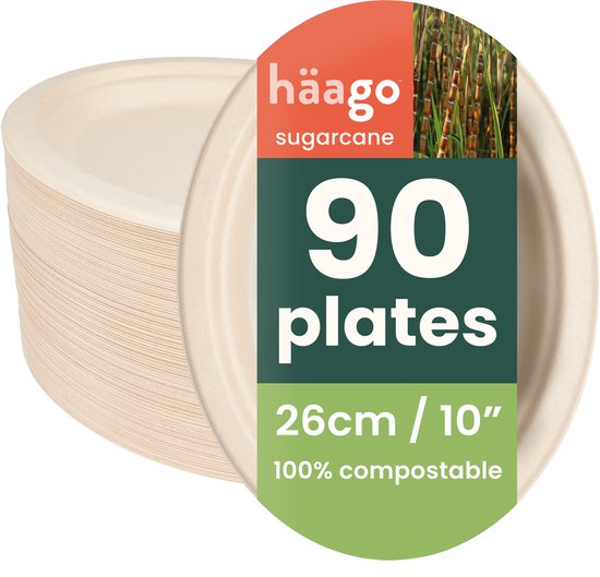 Pile de 90 assiettes en canne à sucre beige, 26 cm, 100% compostables.