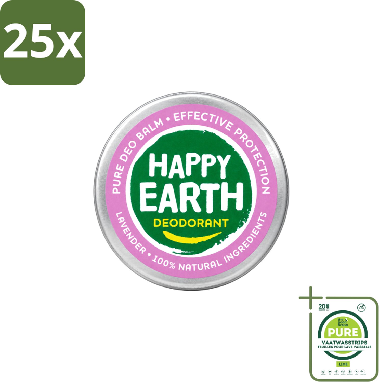 25 x Happy Earth – Deodorant Balm – 100% Natuurlijk Lavender – 45 g - Grootverpakking - Vaatwasstrips - Natuurlijke Deodorant - Frisse Geur - Lavendel - Huidvriendelijk - Aluminiumvrij