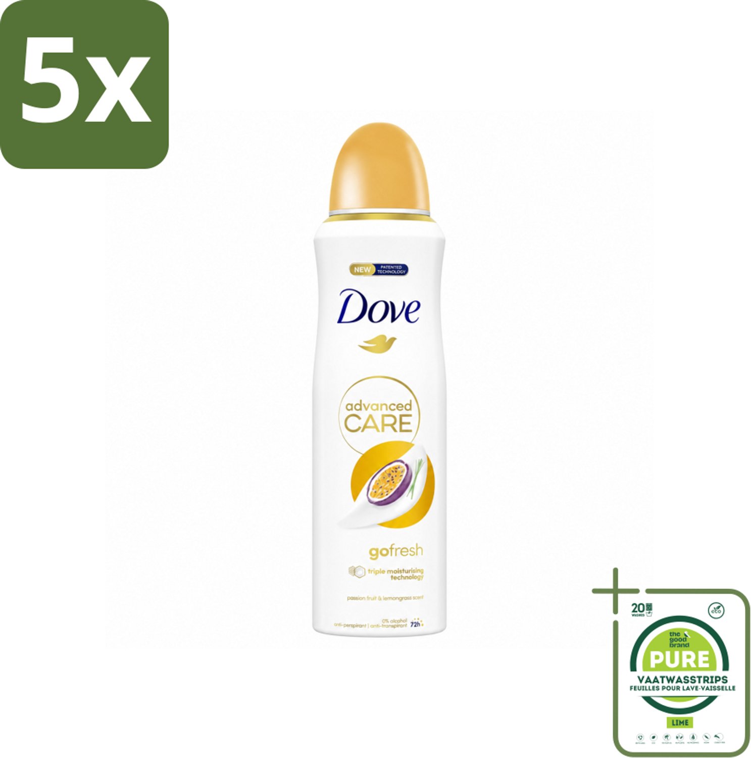 5 x Dove – Deodorant Spray – Go Fresh Passievrucht – 200 ml - Grootverpakking - Vaatwasstrips - Anti-transpirant - Deodorant Spray - Passievrucht - Zweetbestendig - Frisheid