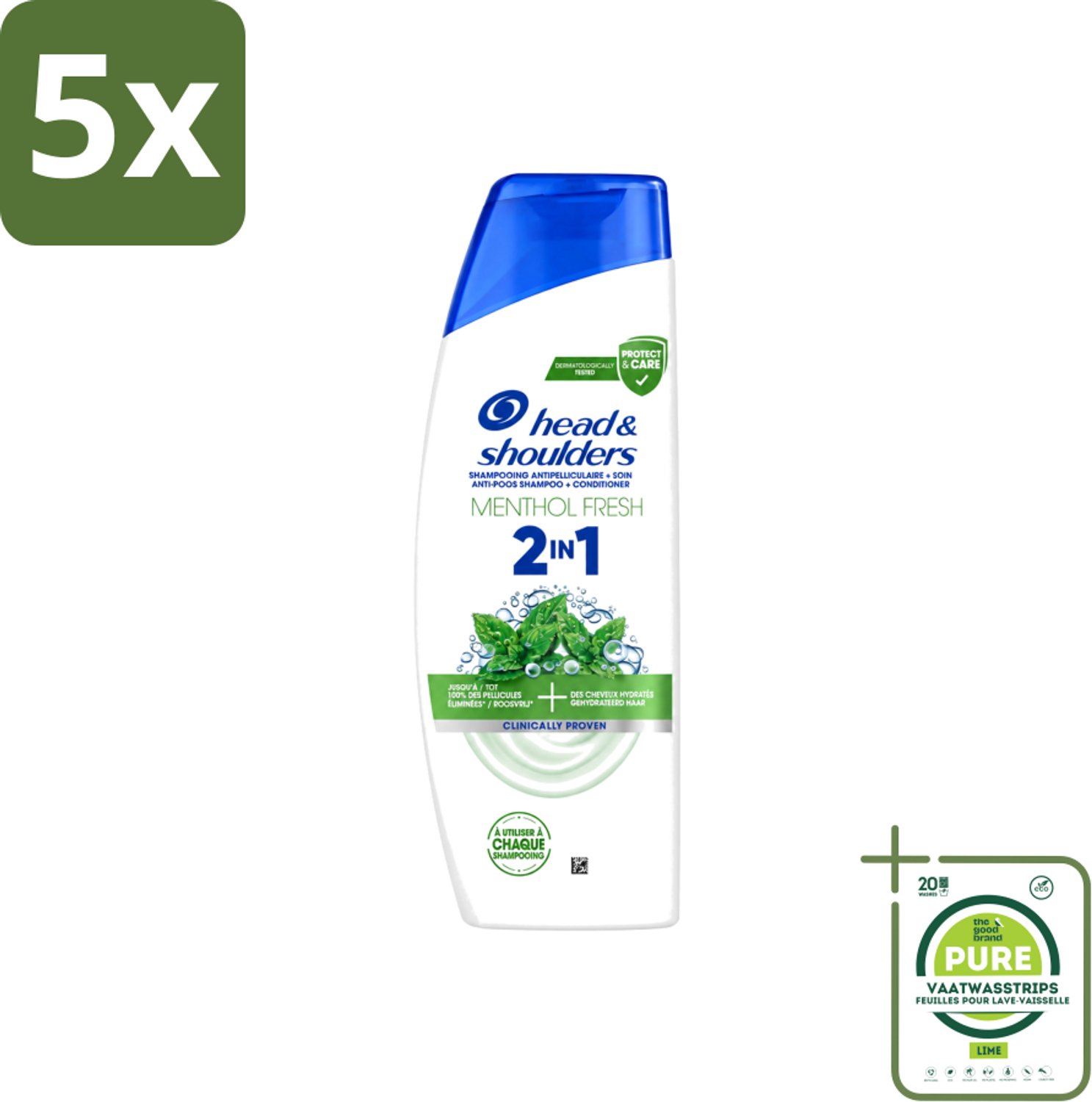 5 x Head & Shoulders – 2-in-1 – Menthol Fresh – 300 ml - Grootverpakking - Vaatwasstrips - Anti-roos Shampoo - 2-in-1 Shampoo - Menthol Shampoo - Verfrissende Shampoo - Shampoo Tegen Roos