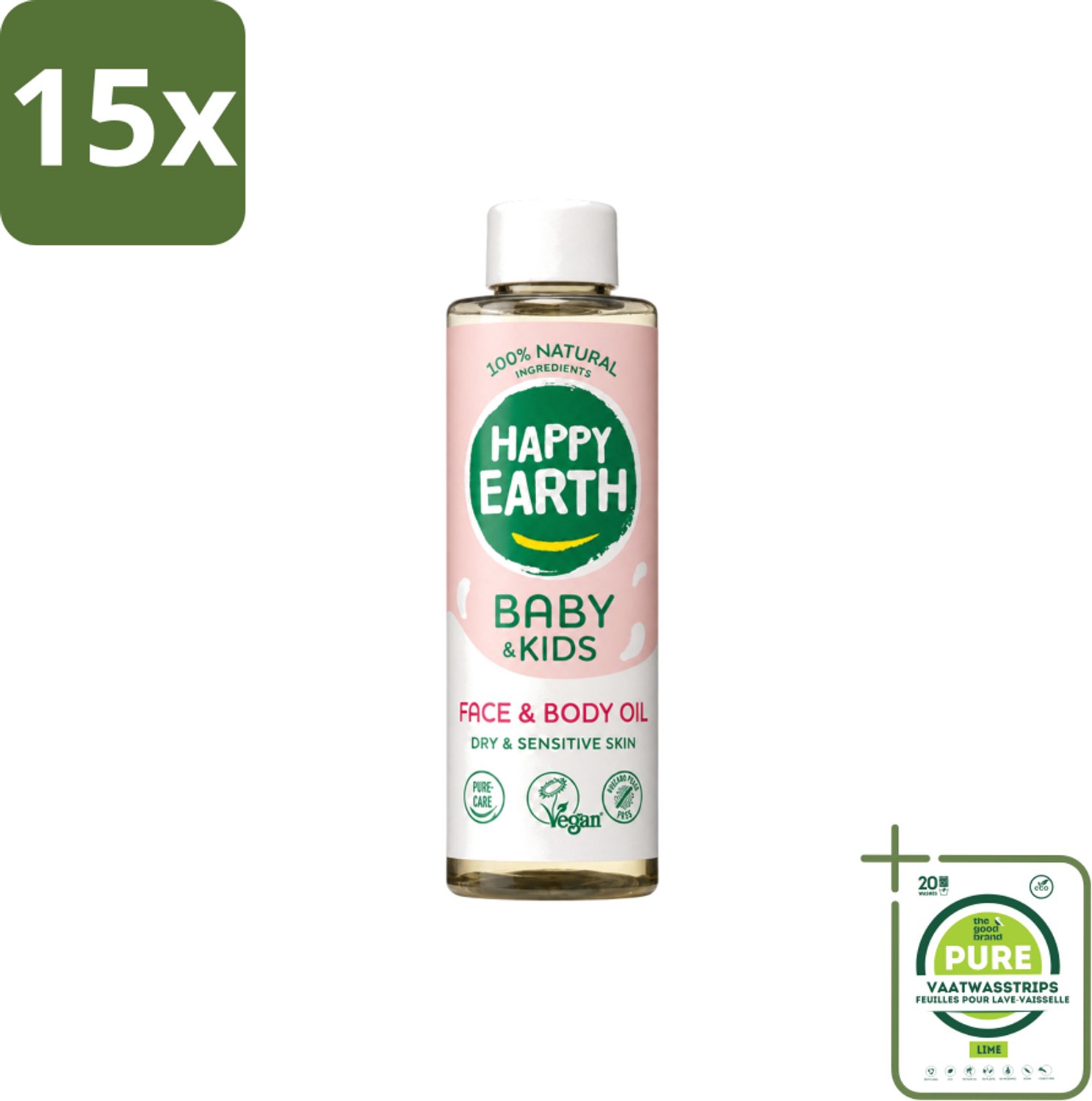 15 x Happy Earth – Face & Body Oil – 100% Natuurlijk Baby & Kids – 150 ml - Grootverpakking - Vaatwasstrips - Babyolie - Gezichtsolie - Lichaamsoil - Natuurlijke Huidverzorging - Babymassageolie